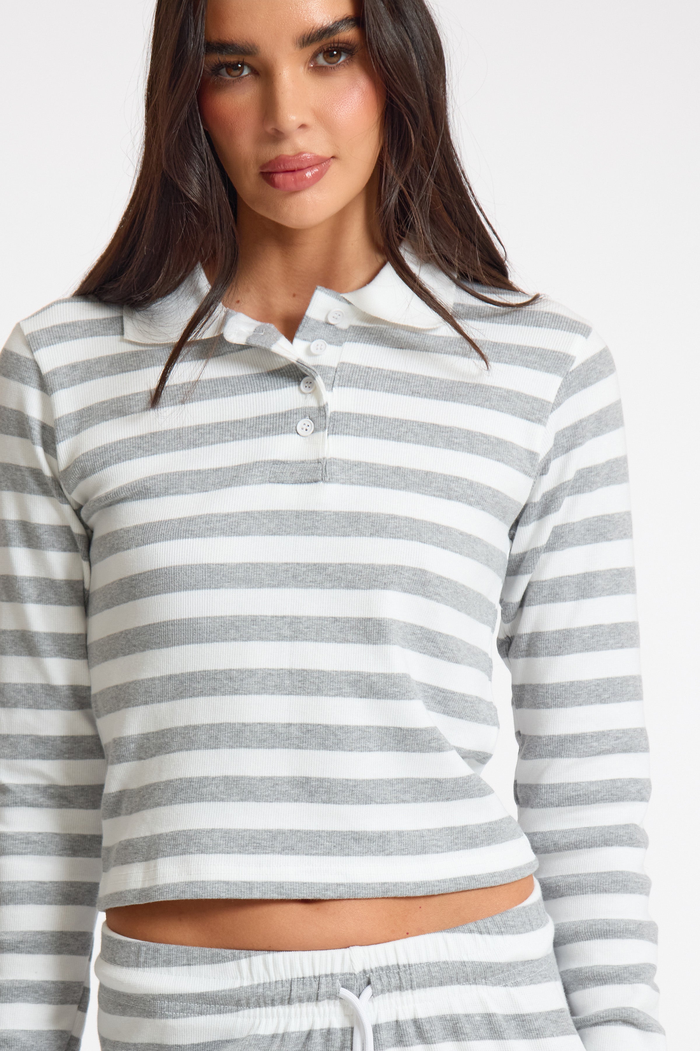 White Stripe Striped Rib Collared Longsleeve Top