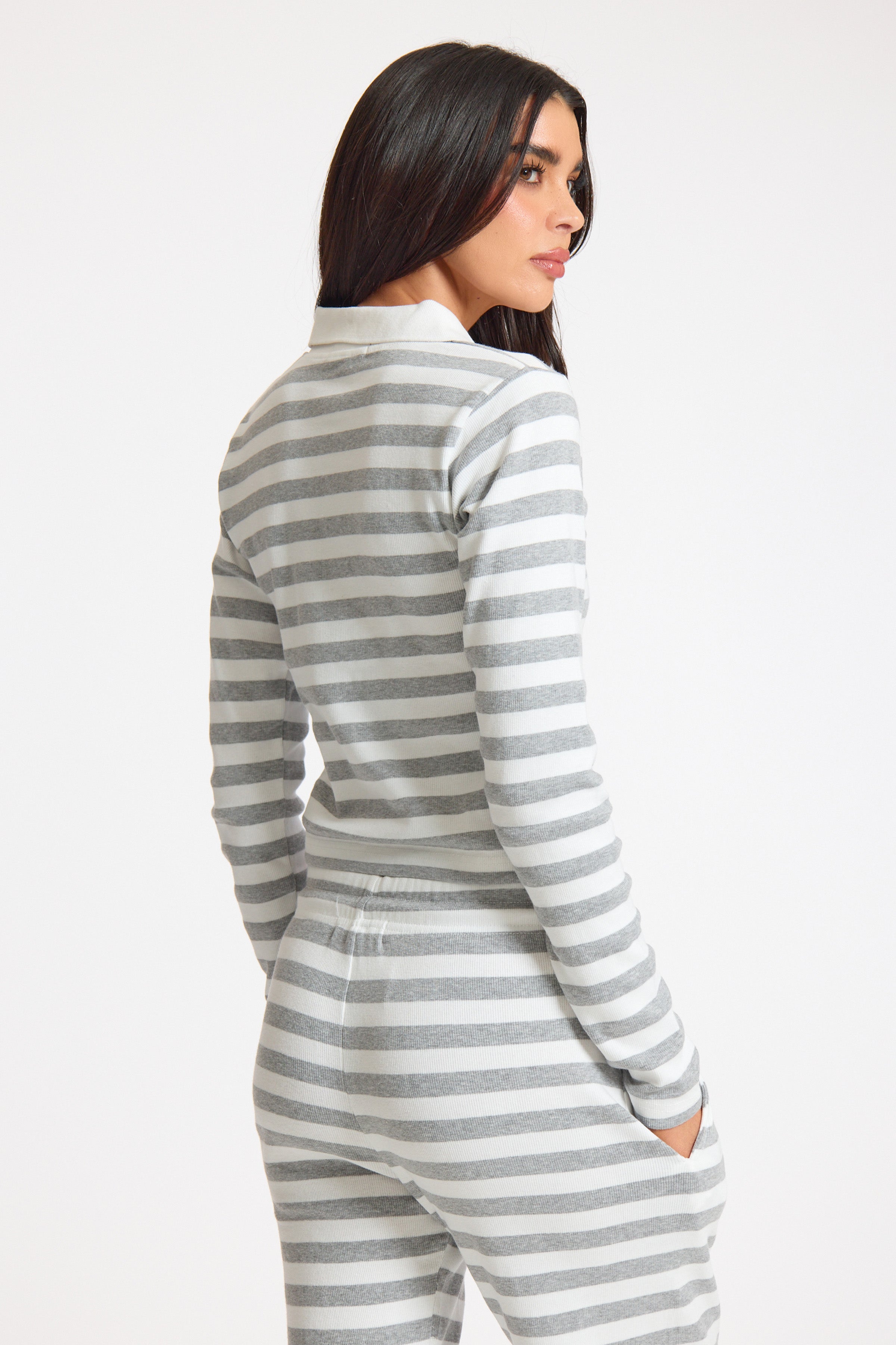 White Stripe Striped Rib Collared Longsleeve Top