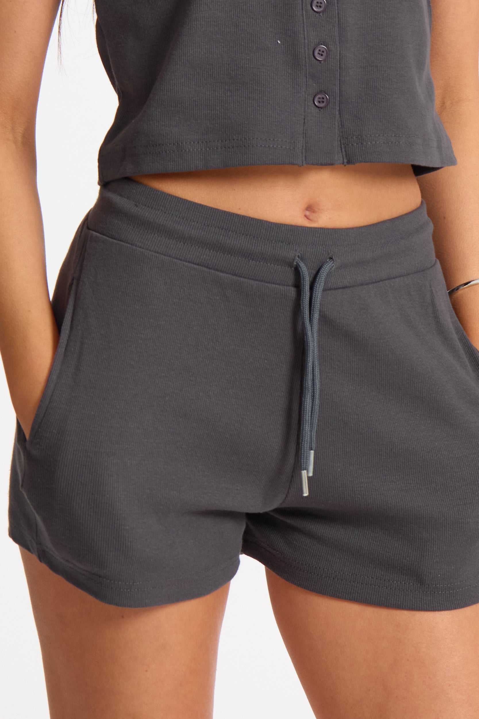 Slate Ribbed Adjustable Waist Casual Shorts