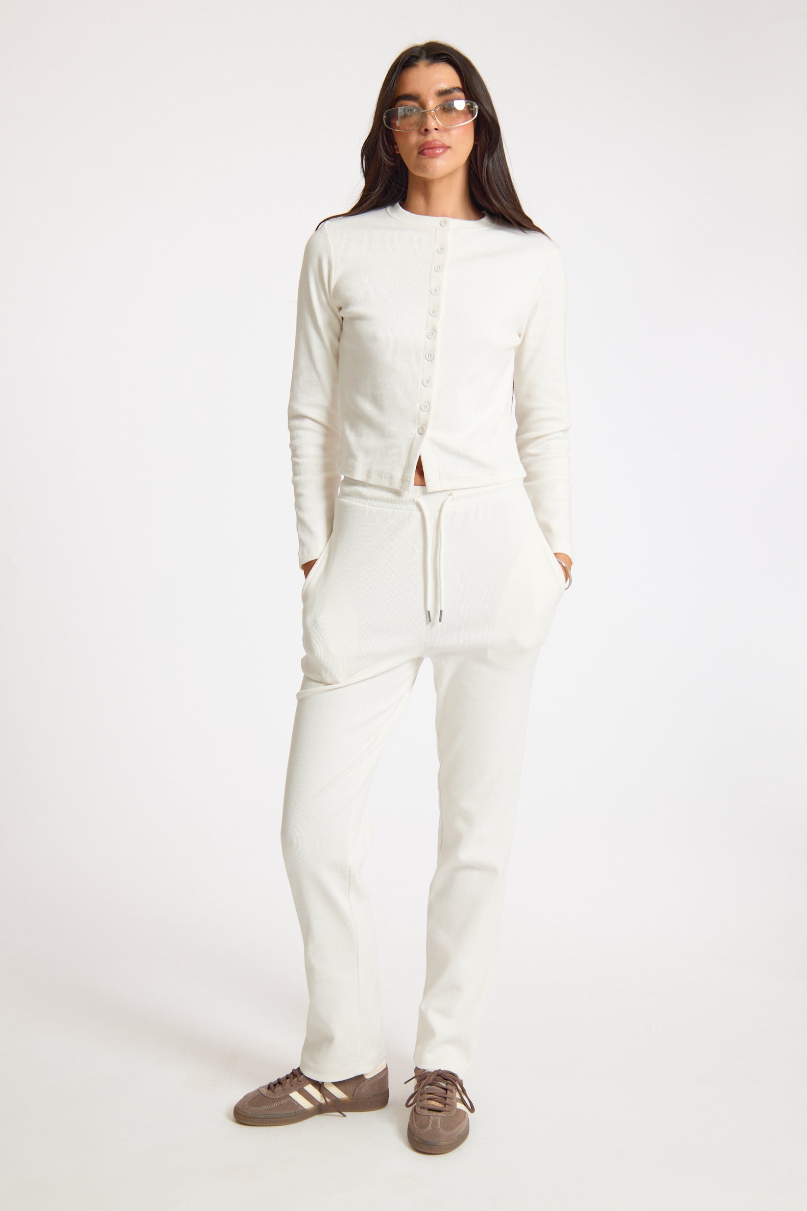 Cream Ribbed Slouch Fit Adjustable Waist Jogger