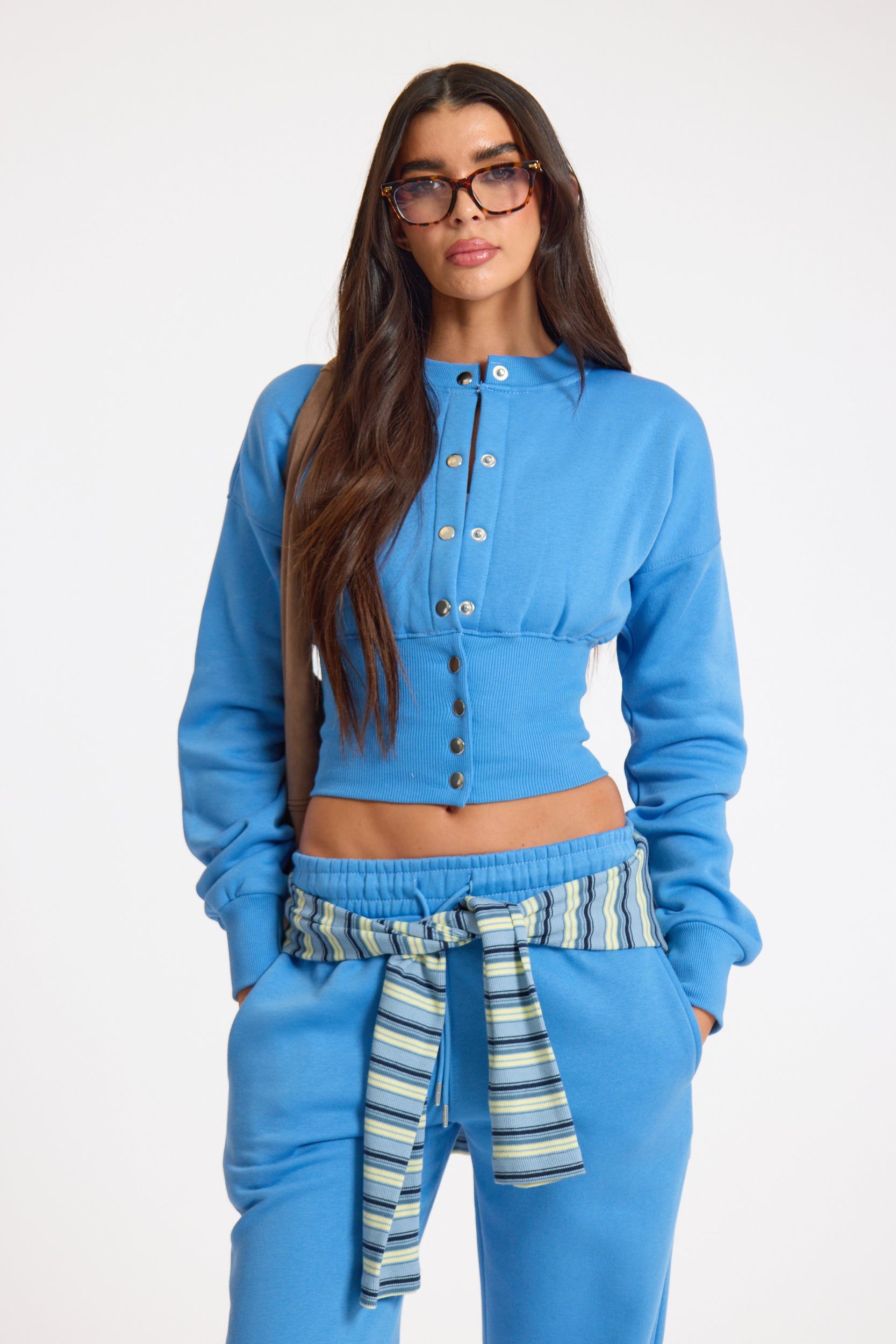 Cobalt Blue Popper Button Ribbed Waist Sweatshirt