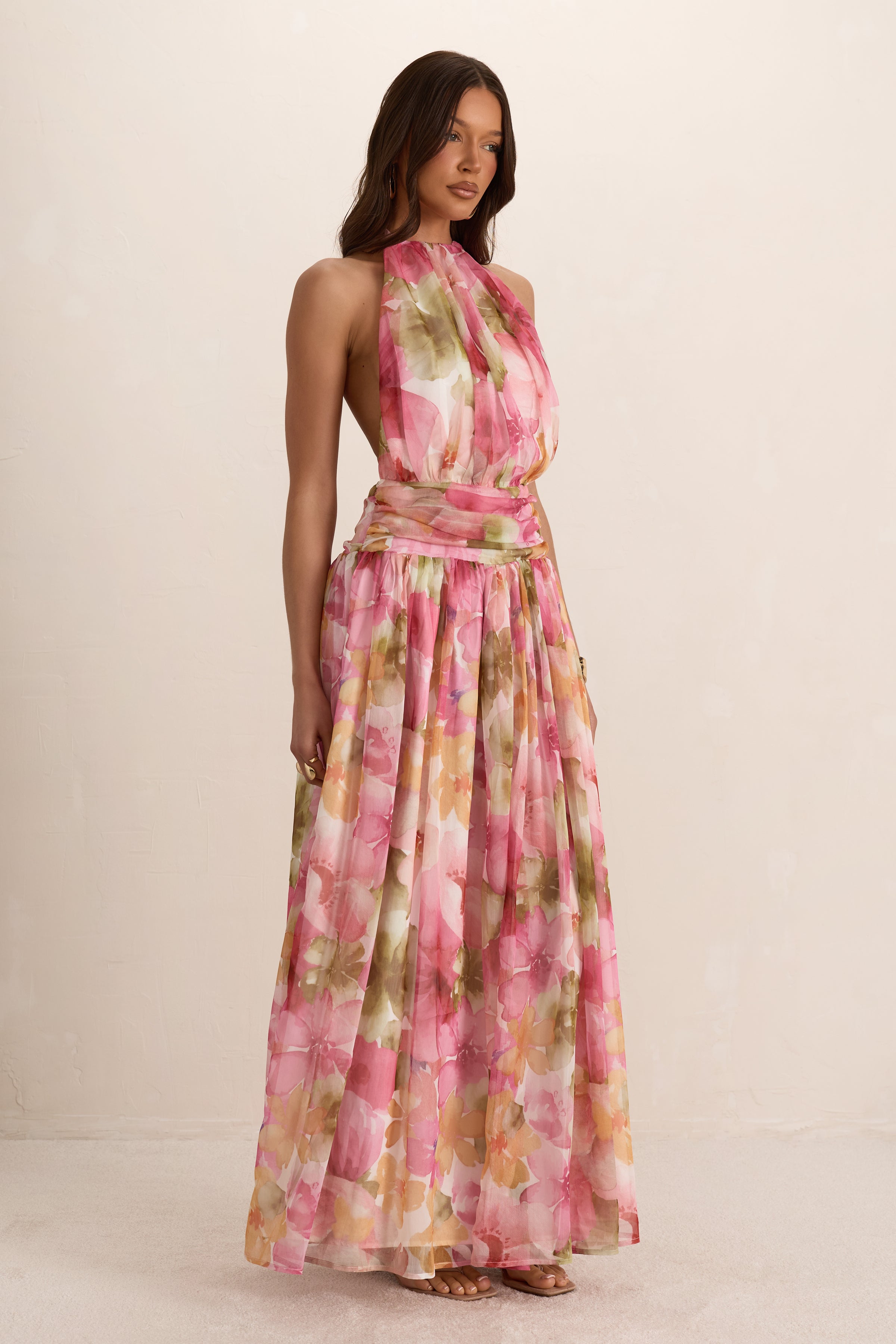 Pink Woven Floral Ruched Backless Maxi Dress