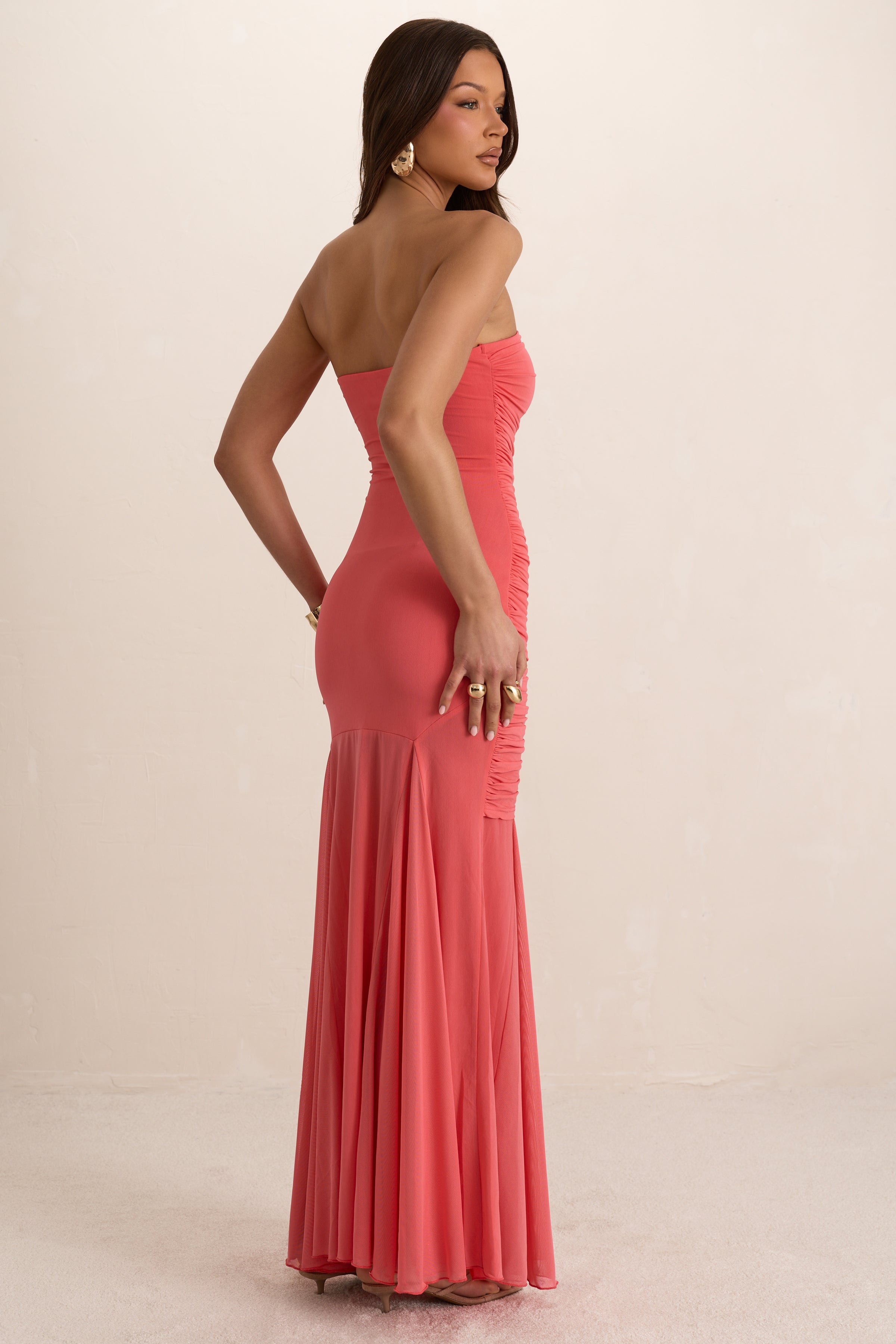 Coral Double Layer Ruched Drape Maxi Dress