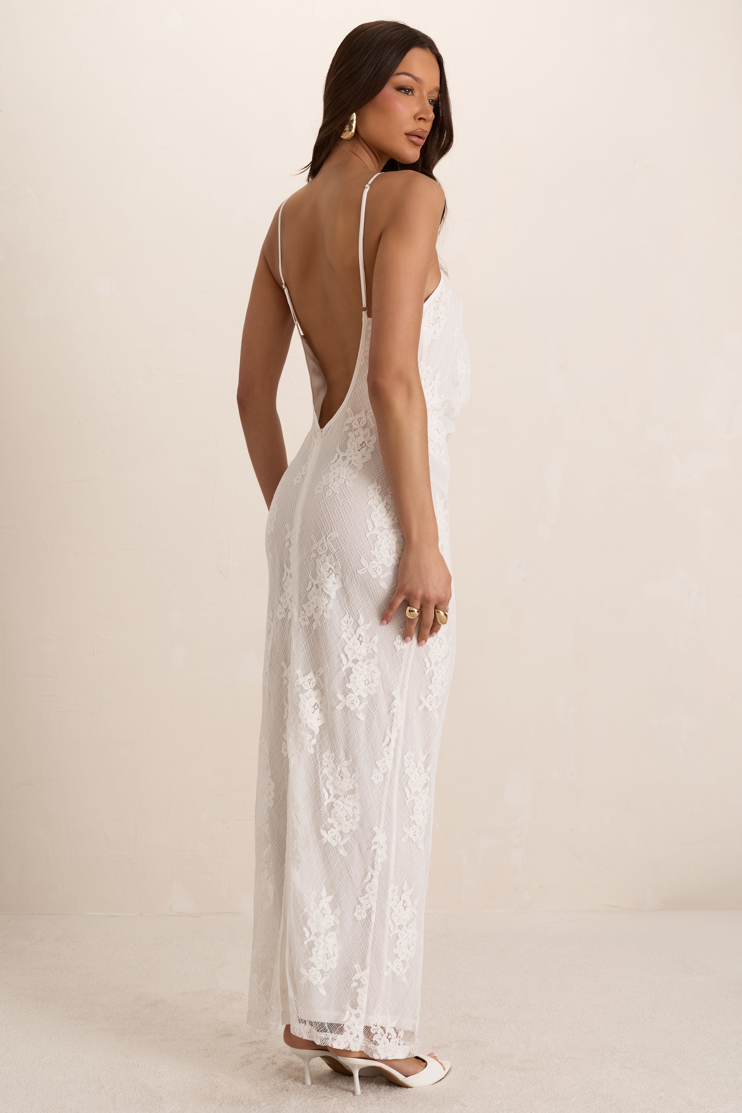 White Lace Cowl Maxi Dress