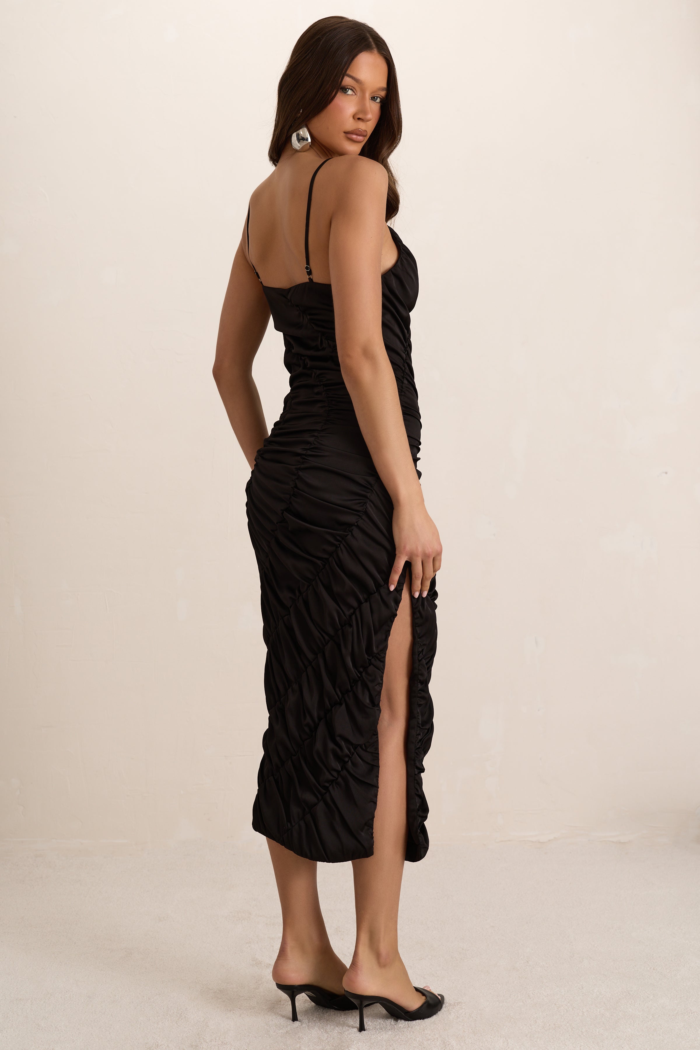 Black Satin Shirred Plunge Midi Dress