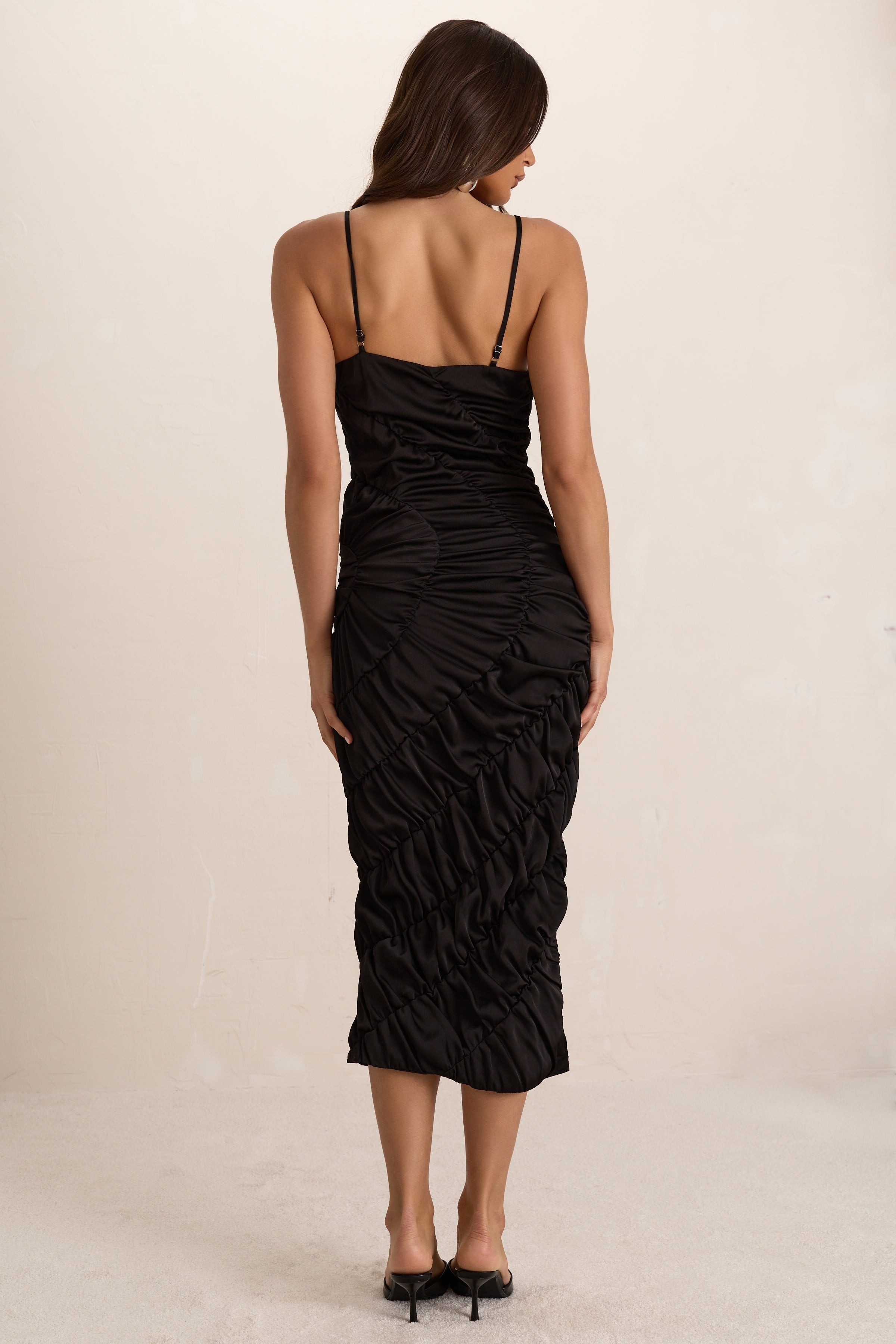 Black Satin Shirred Plunge Midi Dress