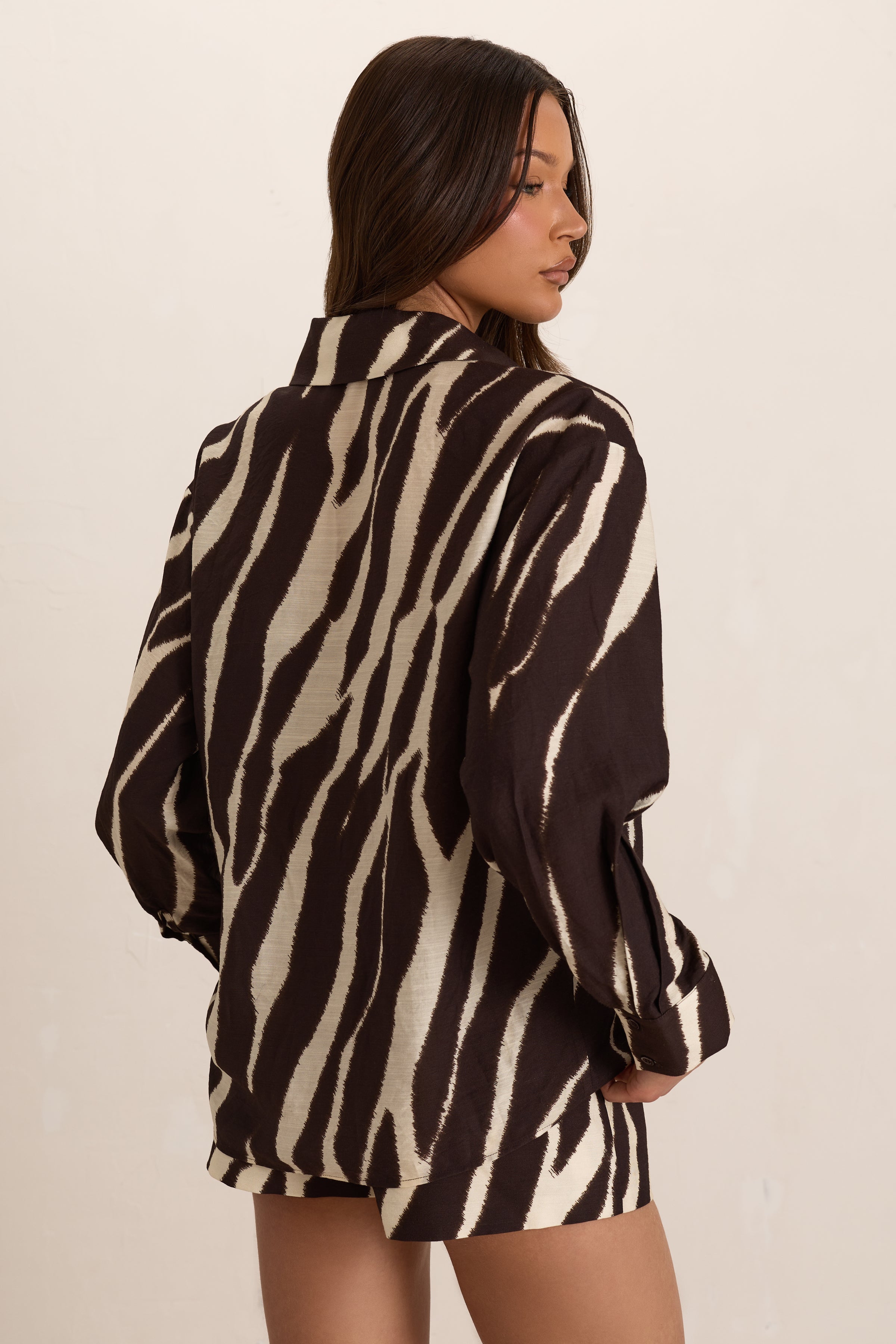 Brown Woven Zebra Oversized Shirt Cuffed