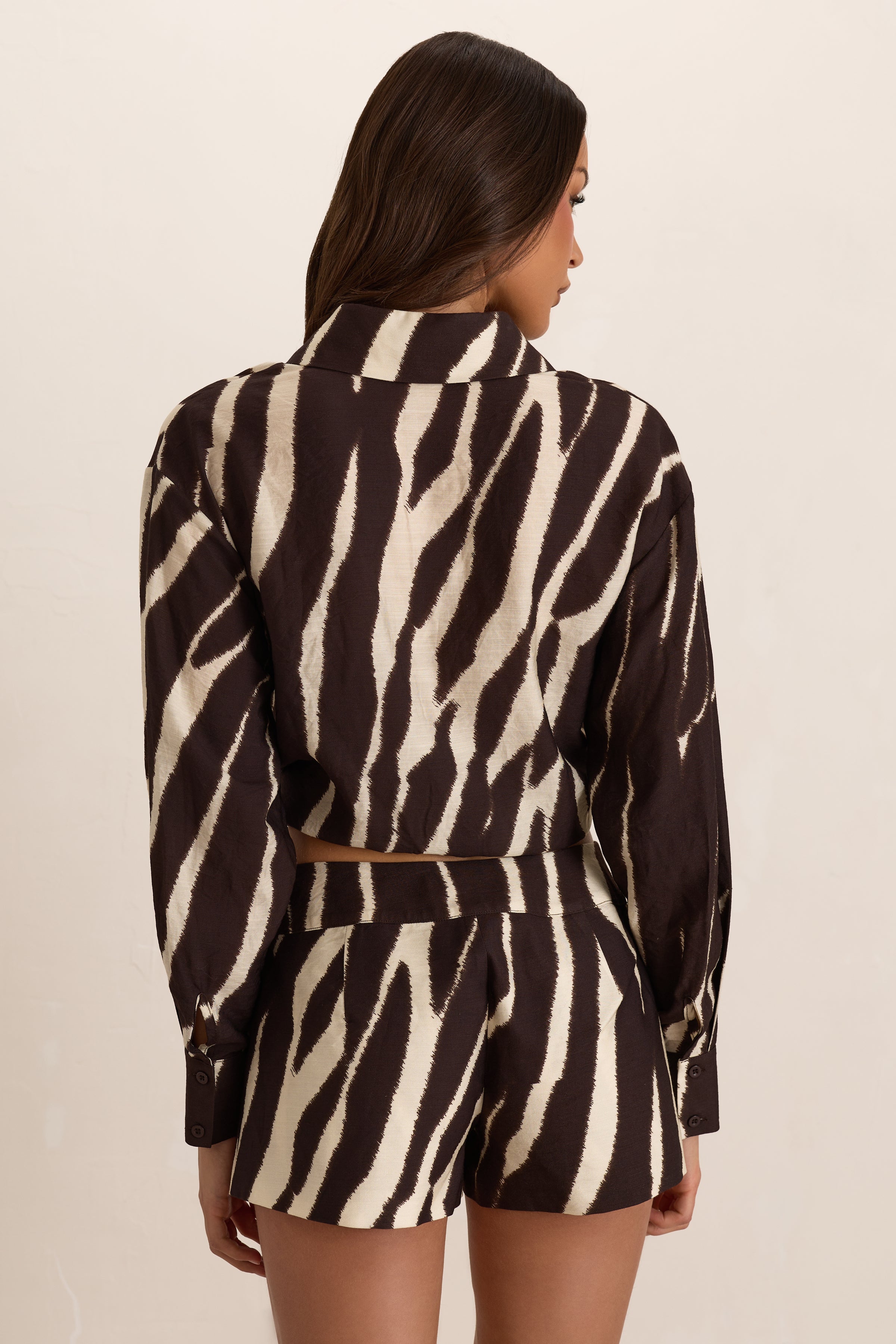 Brown Woven Zebra Structured Shorts