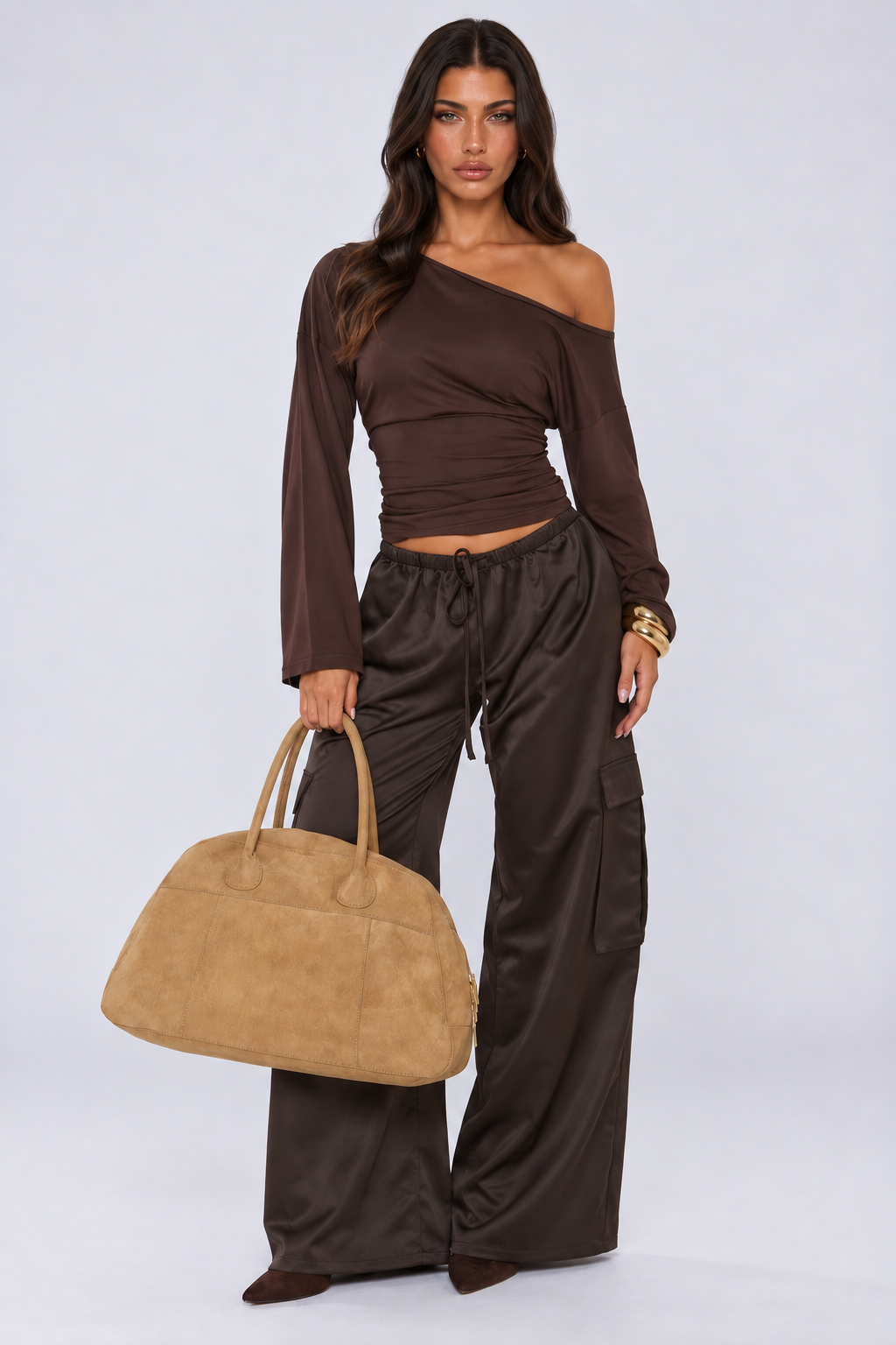 Chocolate Satin Cargo Trousers