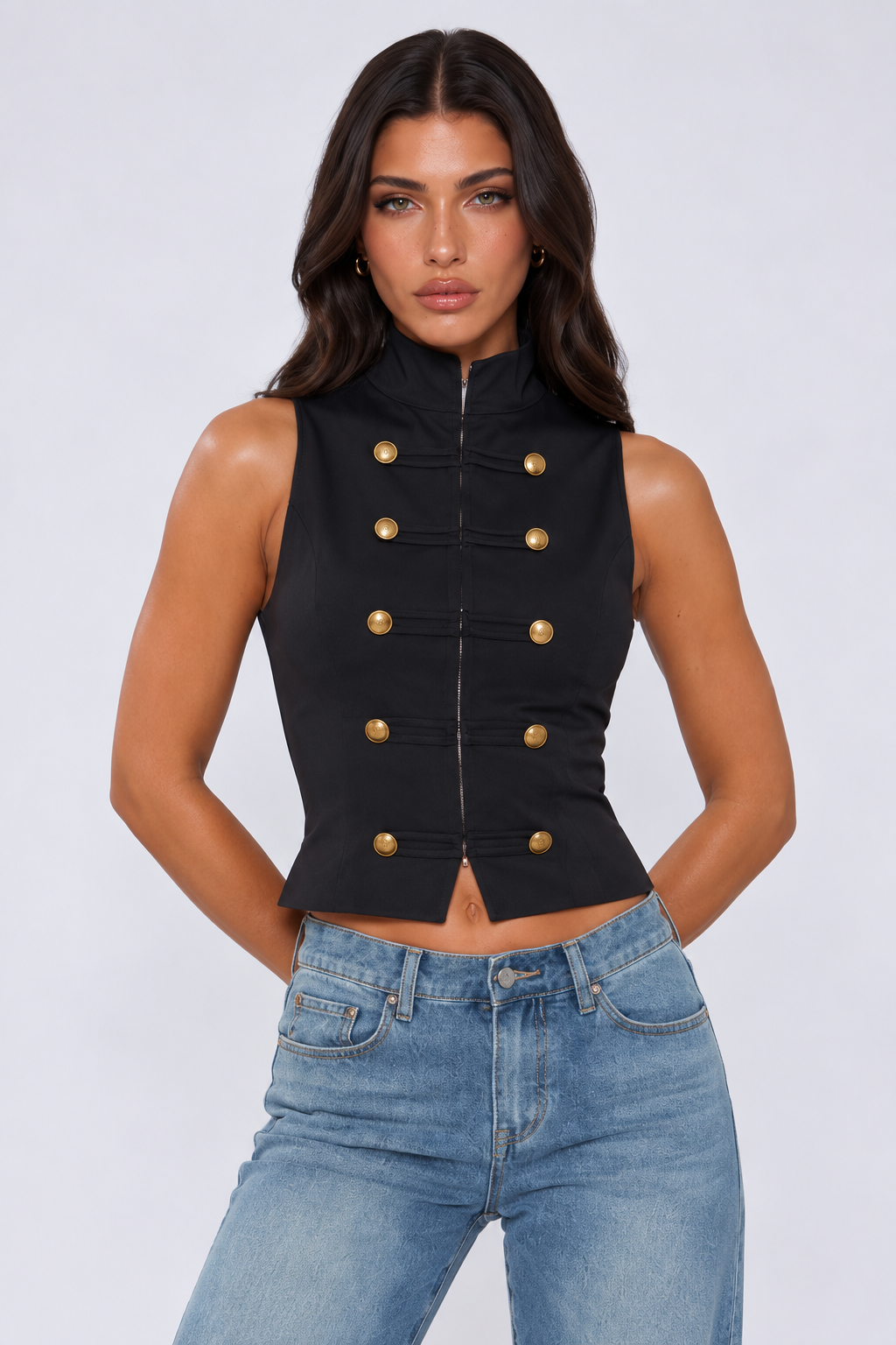 Black Sleeveless Military Button Top