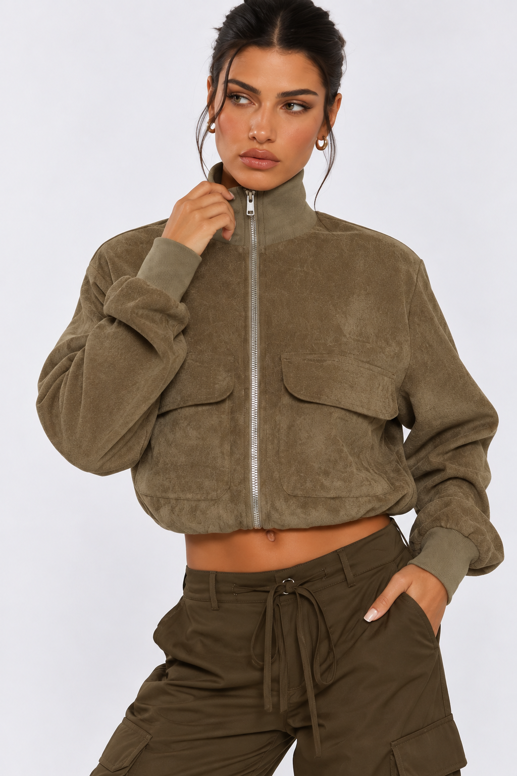 Khaki Faux Suede Bomber Jacket