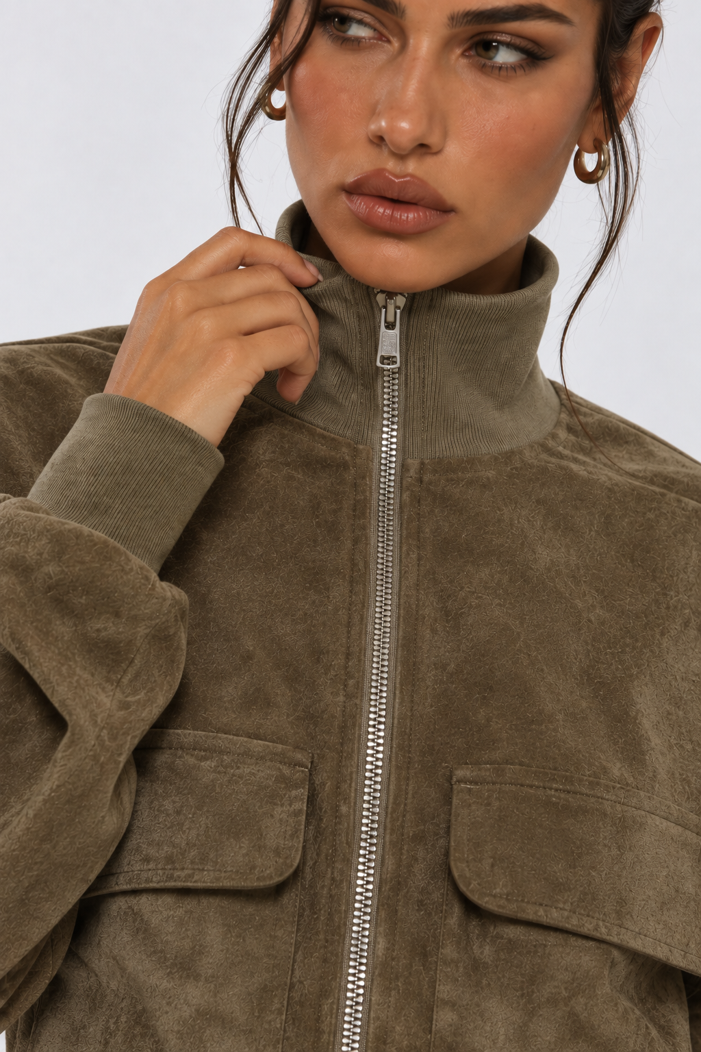Khaki Faux Suede Bomber Jacket