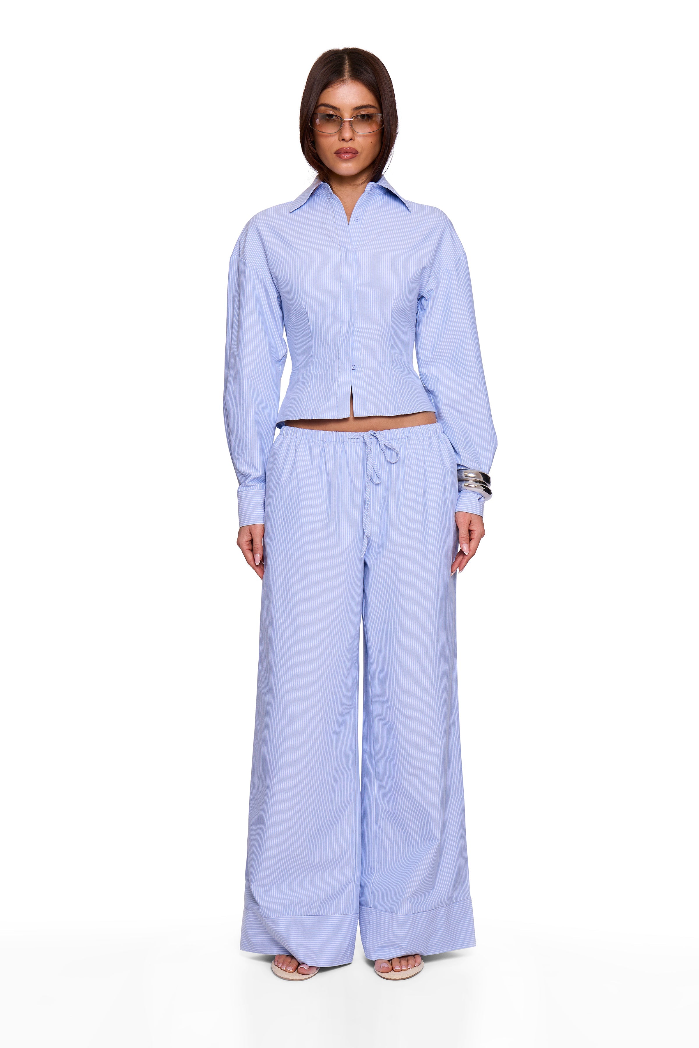 Blue Pinstripe Cinched Shirt