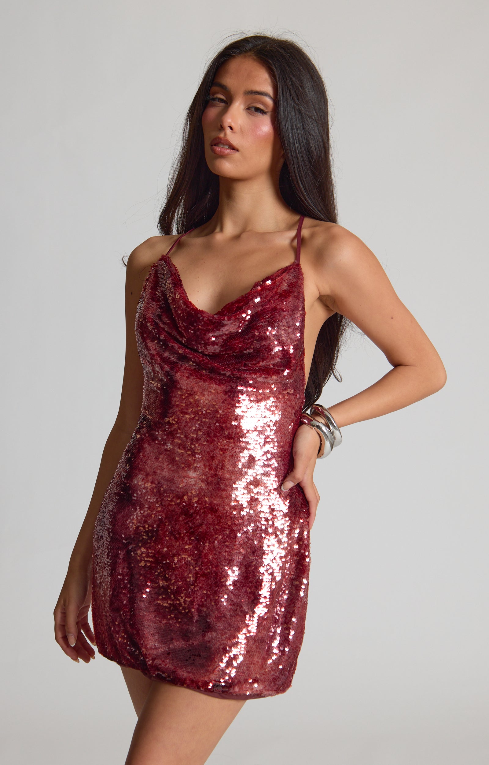 Dark Red Textured Sequin Cowl Fitted Mini Dress