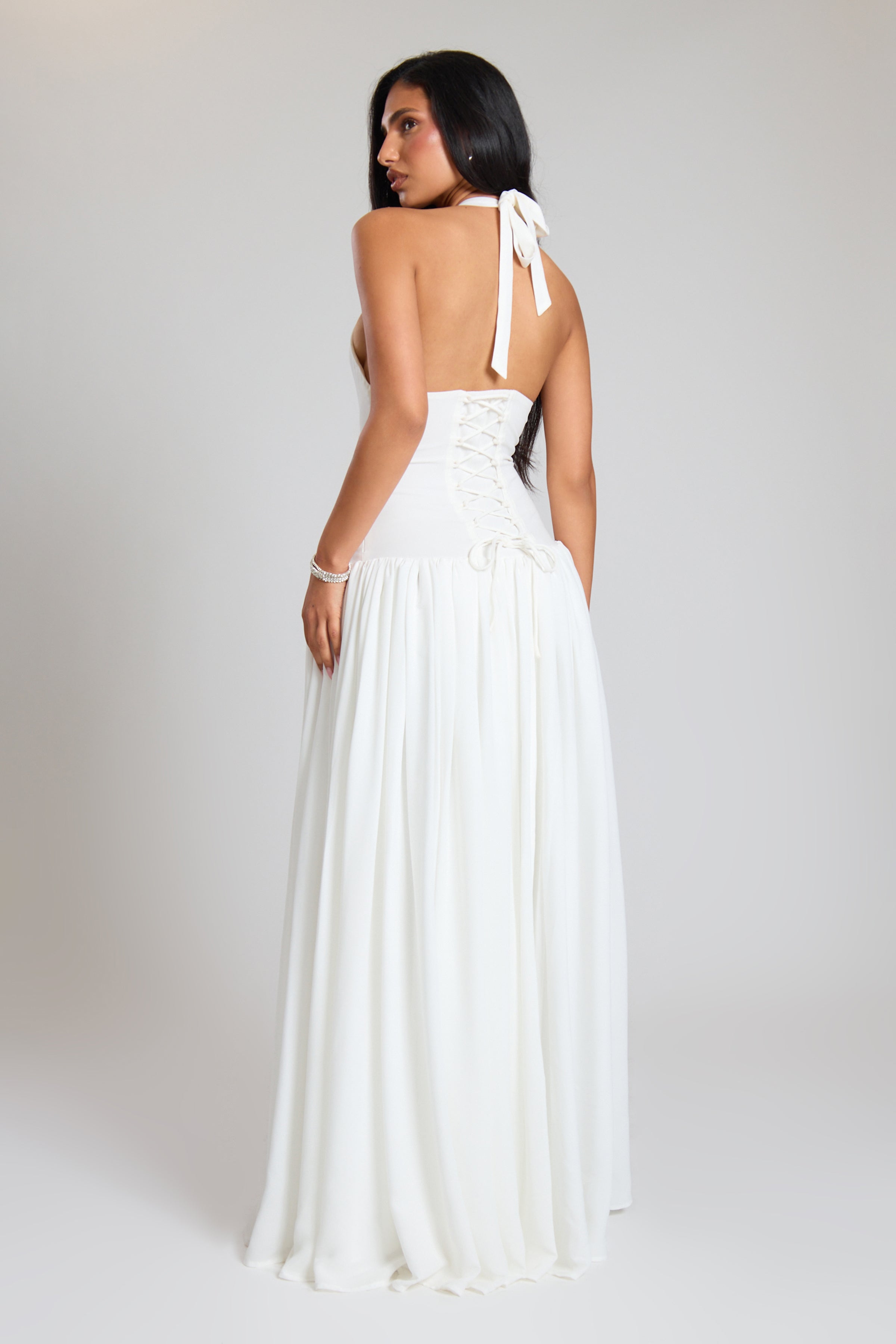 Cream Woven Plunge Boned Lace Up Halterneck Corset Maxi Dress