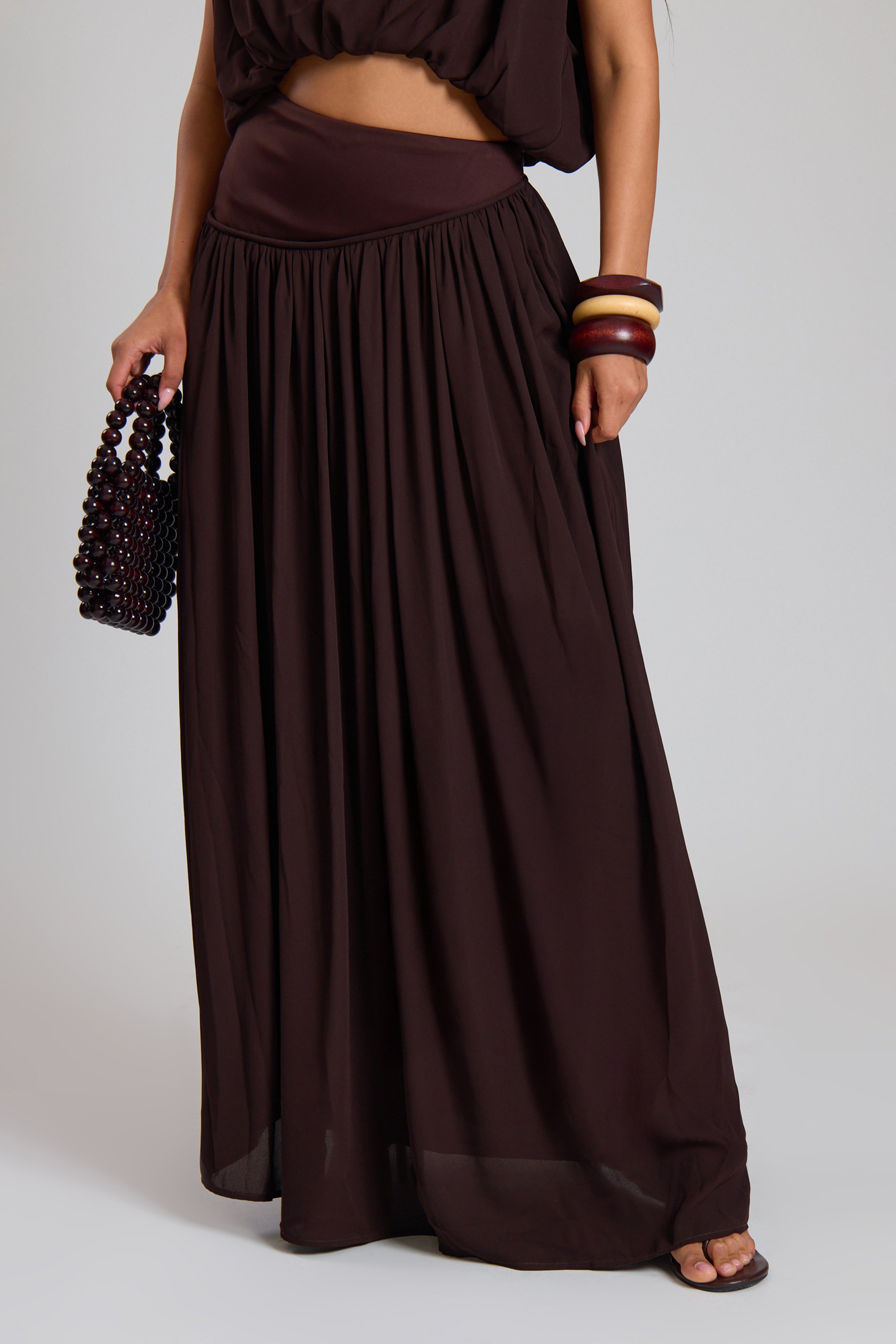 Chocolate Woven Ruched Asym Drop Waist Maxi Skirt