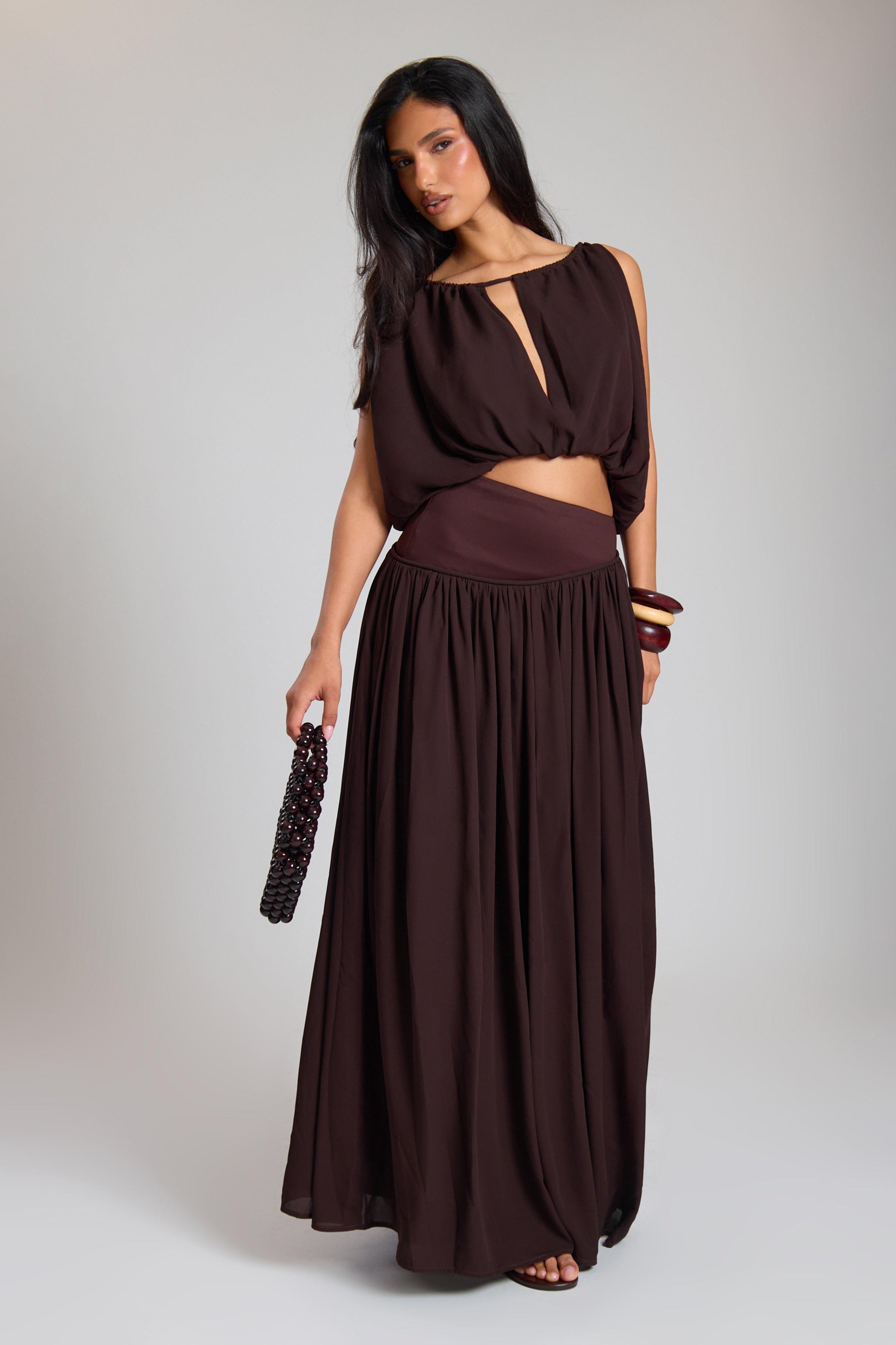 Chocolate Woven Ruched Asym Drop Waist Maxi Skirt