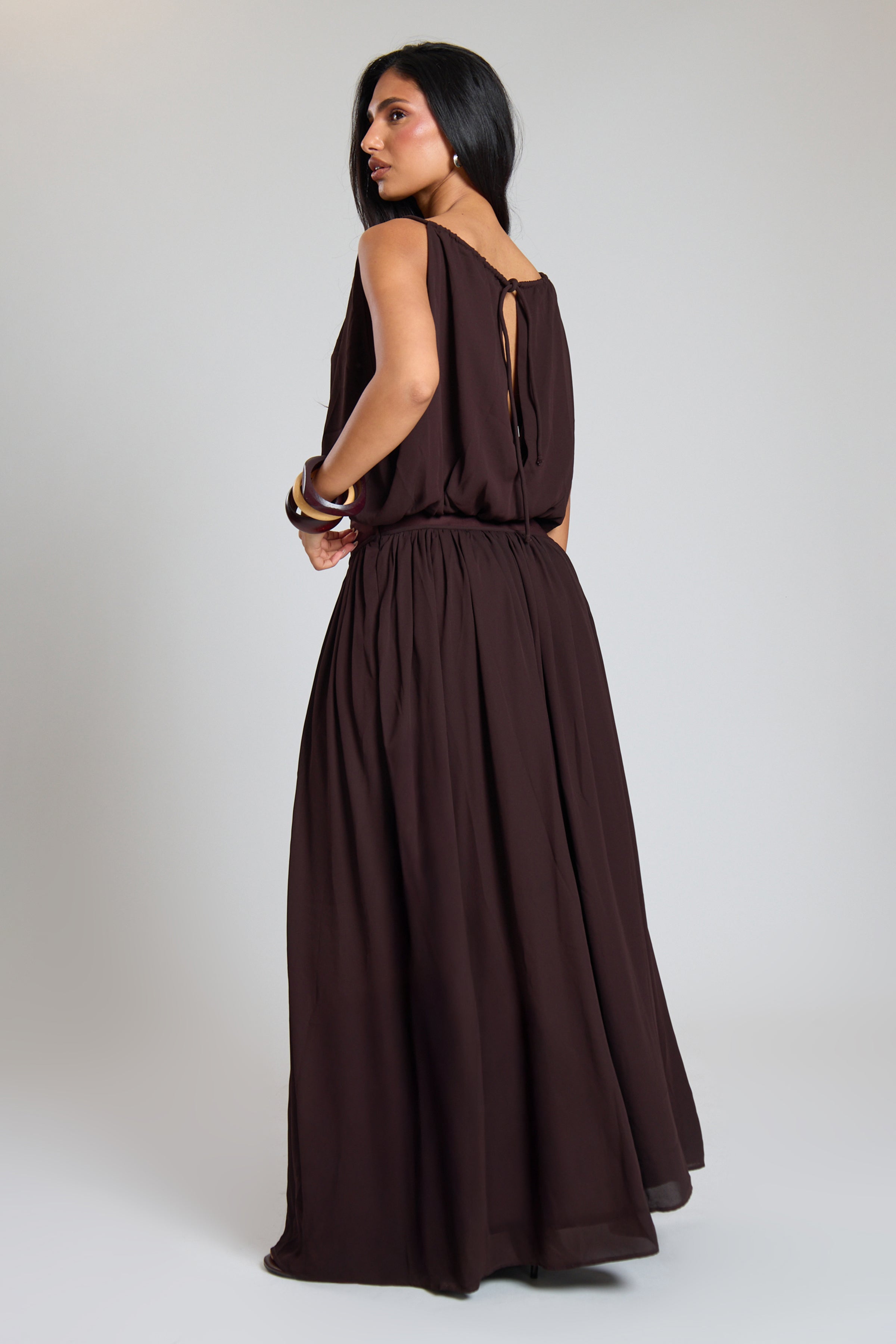 Chocolate Woven Ruched Asym Drop Waist Maxi Skirt