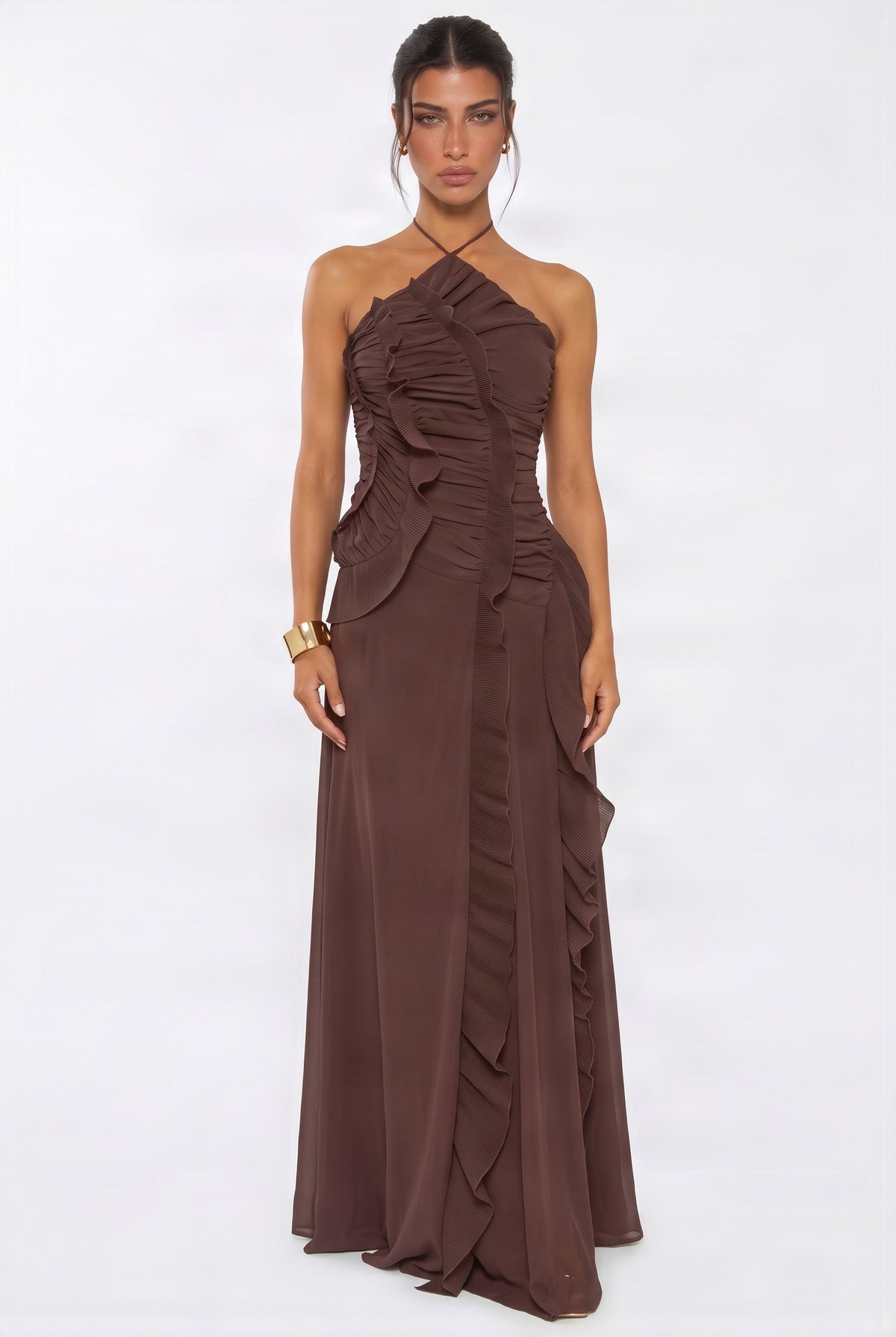 Chocolate Halter Ruffle Maxi Dress