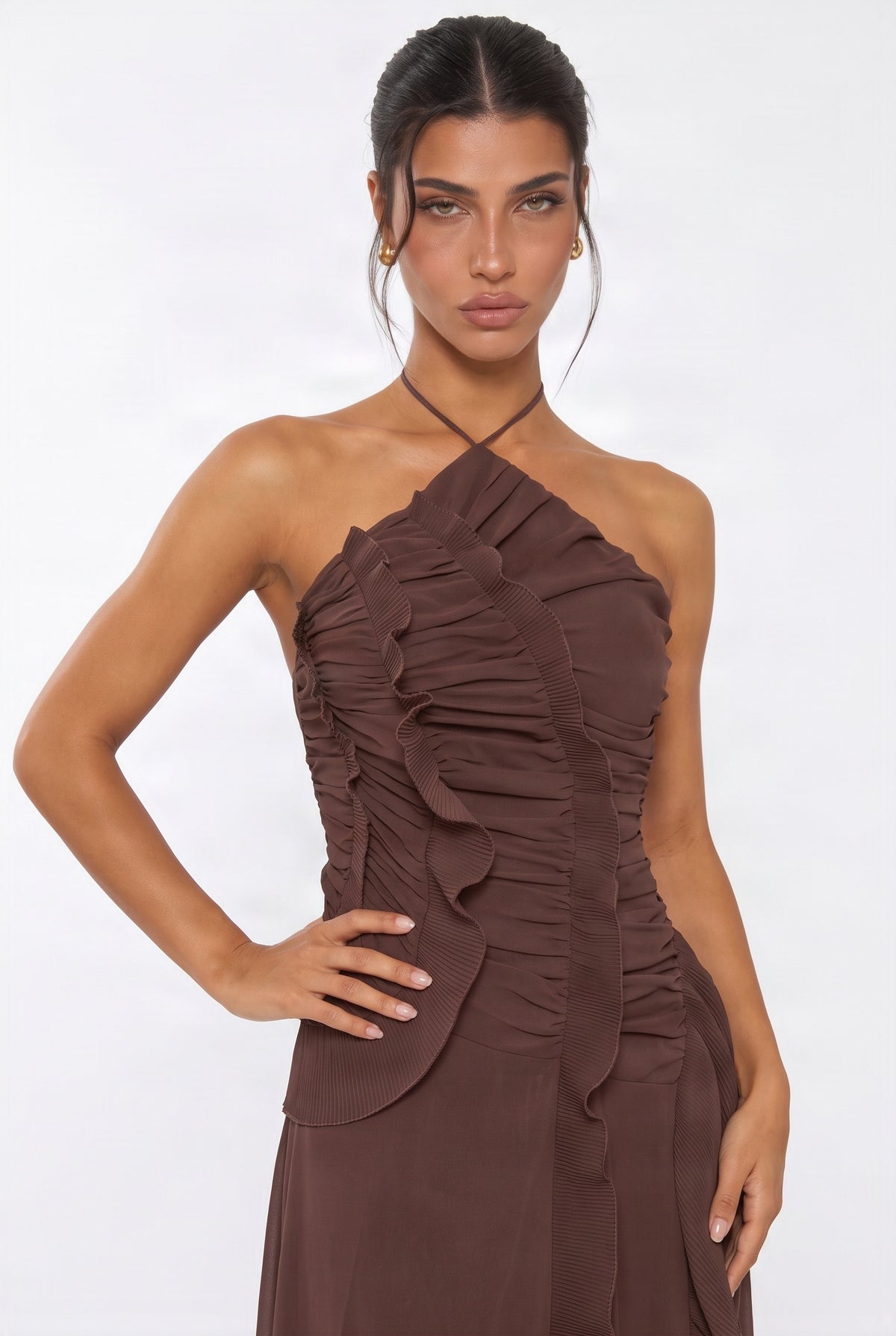Chocolate Halter Ruffle Maxi Dress