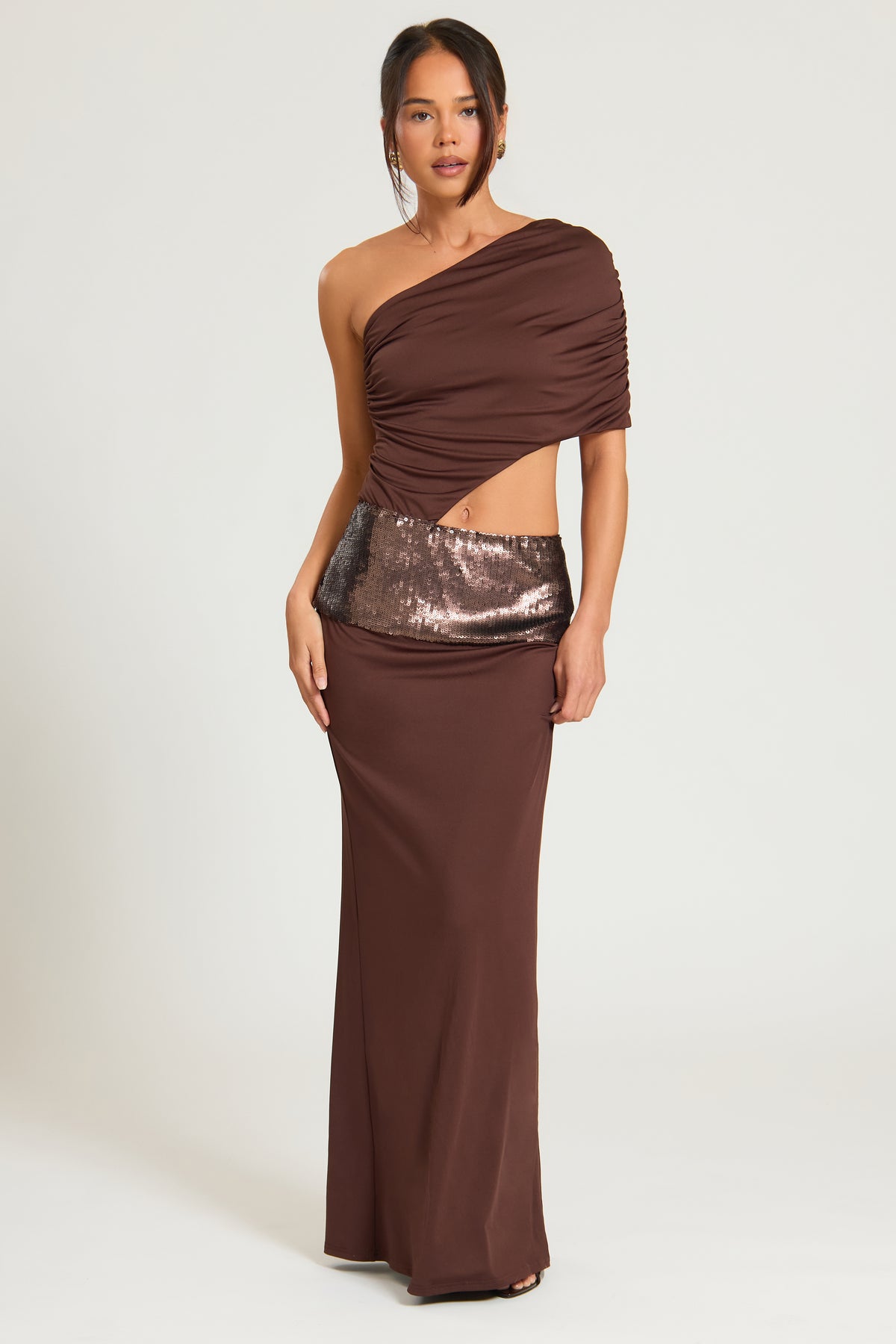 Sequin Panel Cut Out One Shoulder Dress