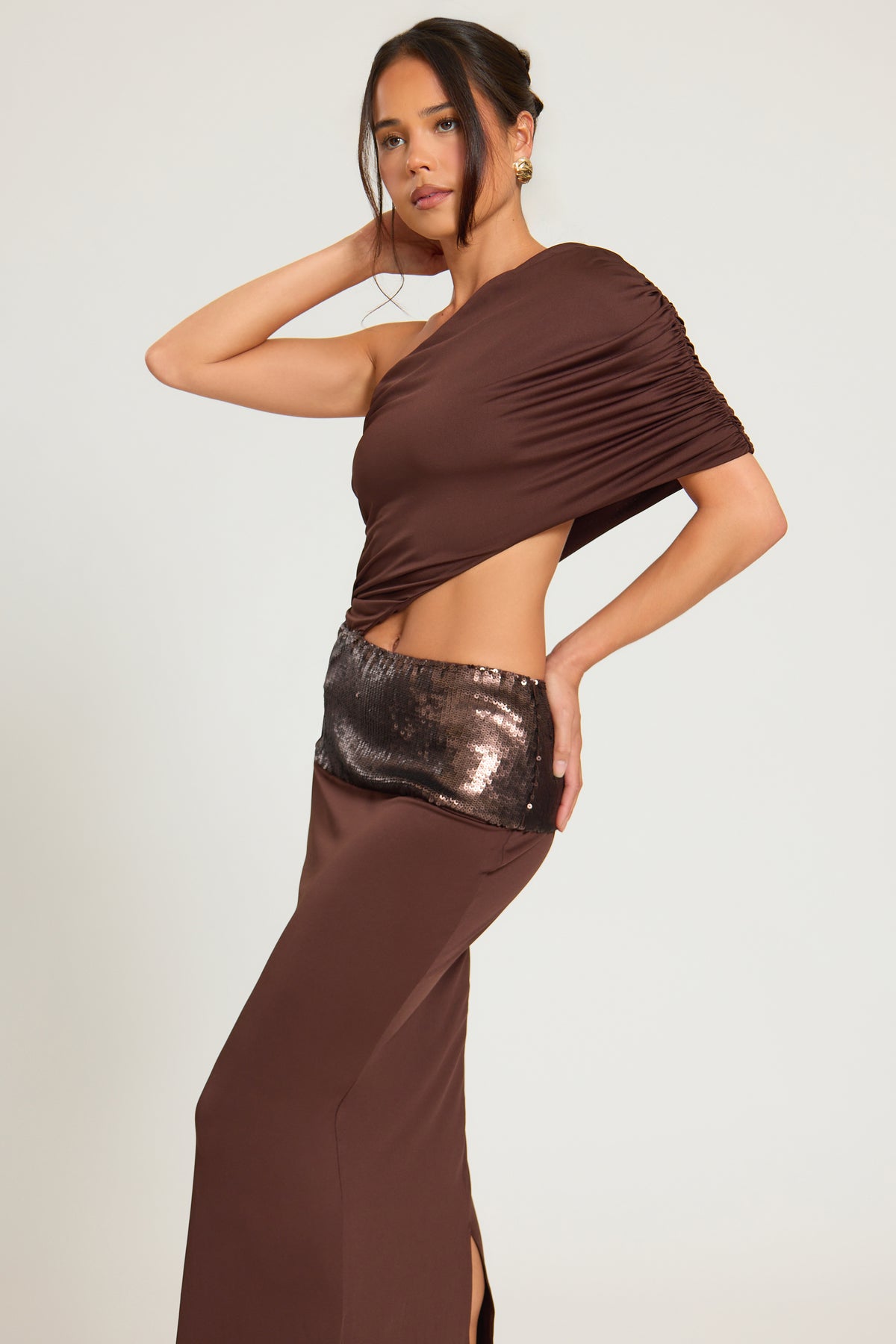 Sequin Panel Cut Out One Shoulder Dress