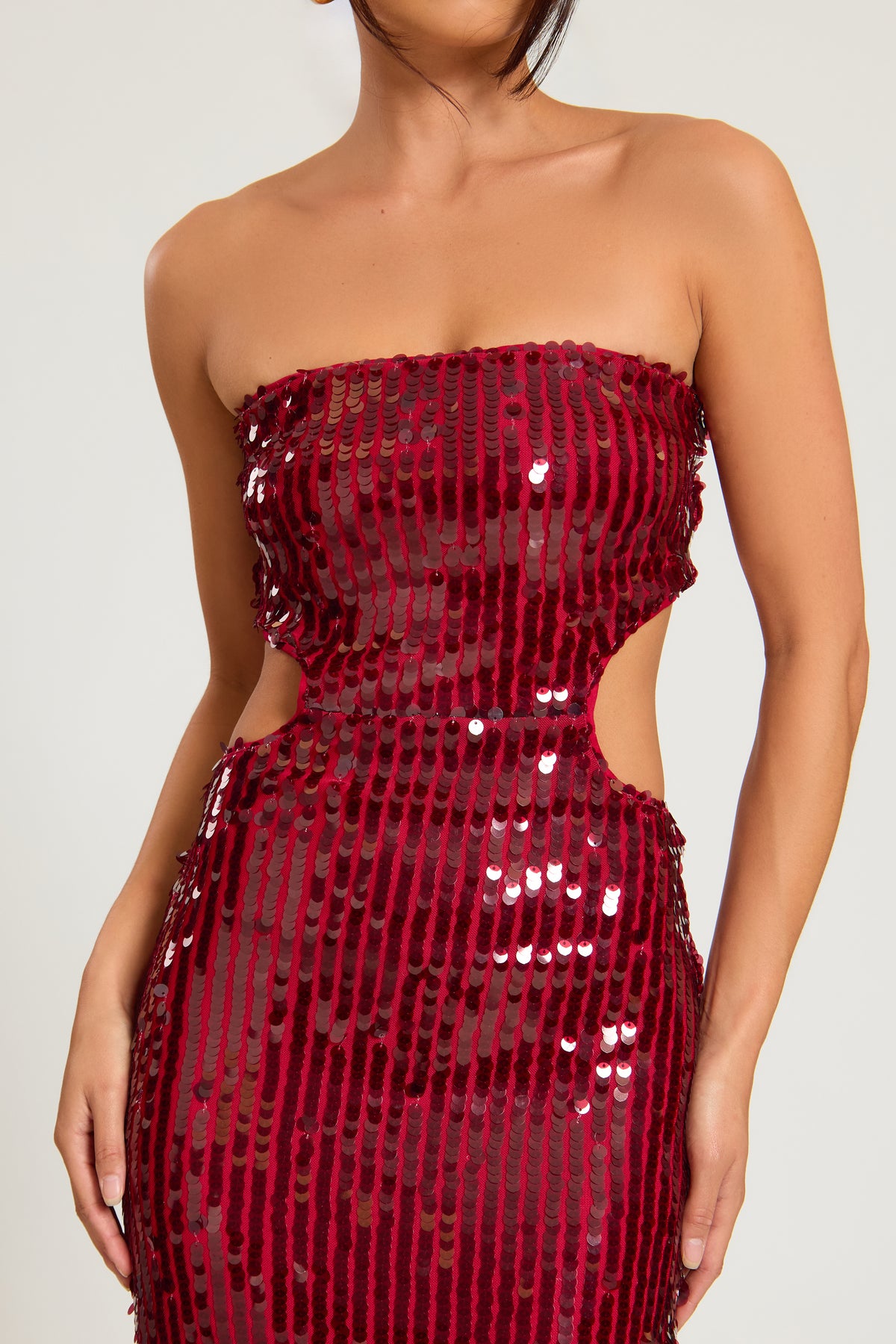 Sequin Cut Out Maxi Dress in Burgundy