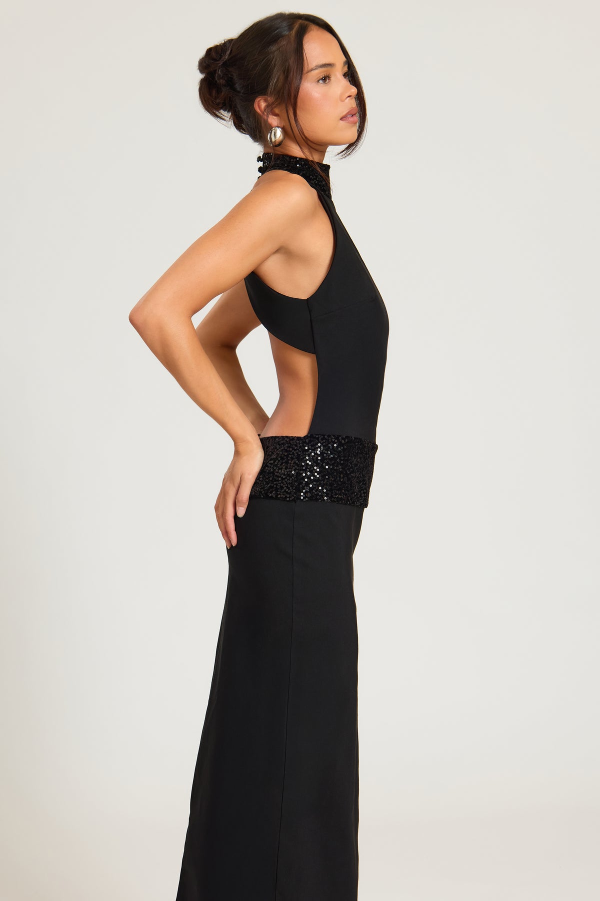 Sequin Waistband High Neck Backless Maxi Dress