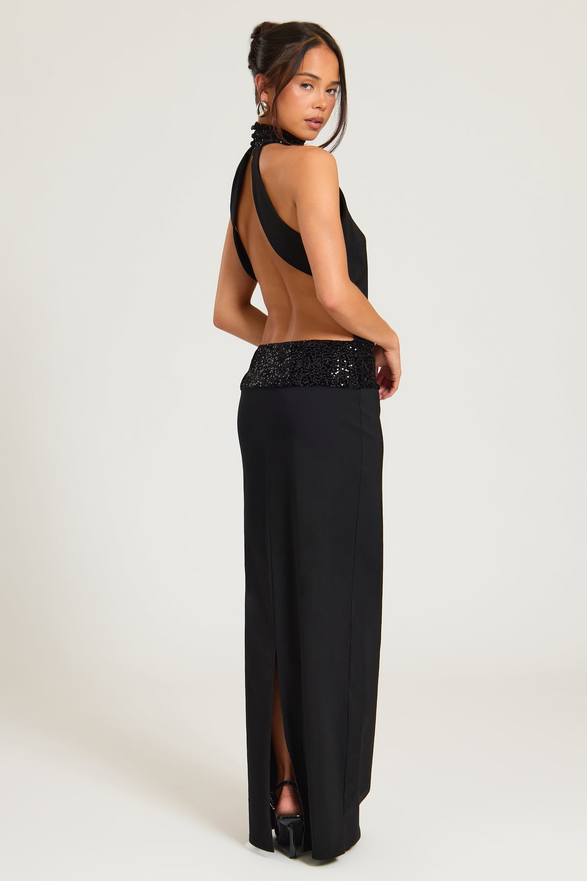 Sequin Waistband High Neck Backless Maxi Dress
