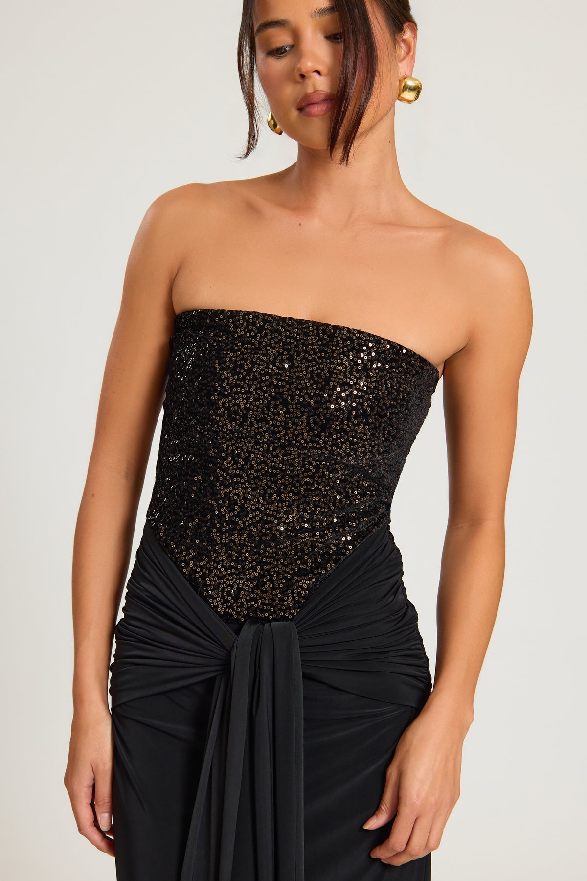 Bandeau Velvet Sequin Maxi Dress With Tie