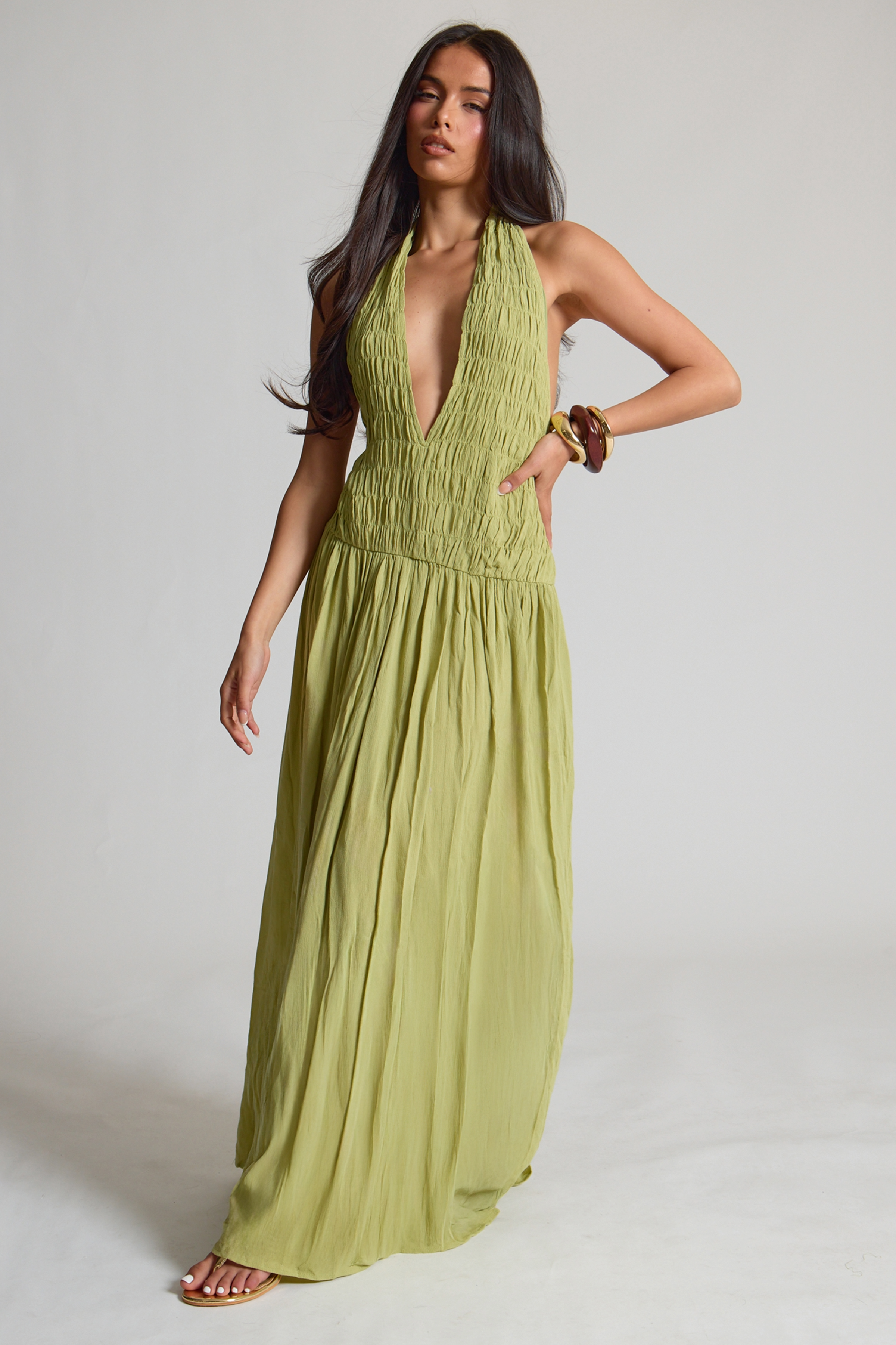 Khaki Cheesecloth Plunge Backless Maxi Dress