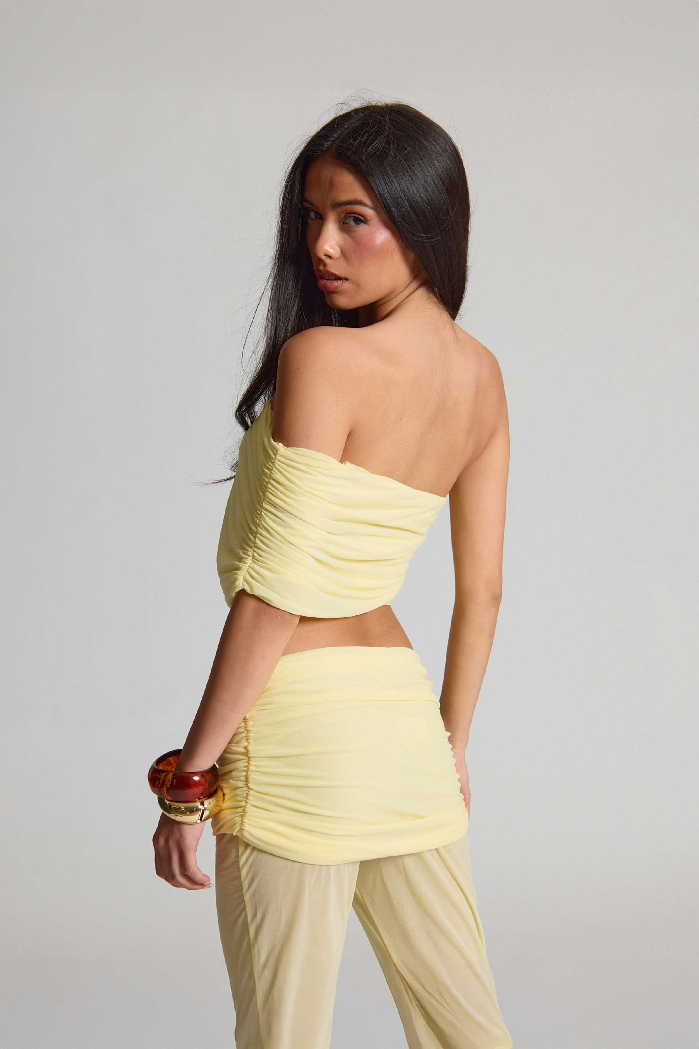 Lemon Stretch Chiffon Ruched One Shoulder Top