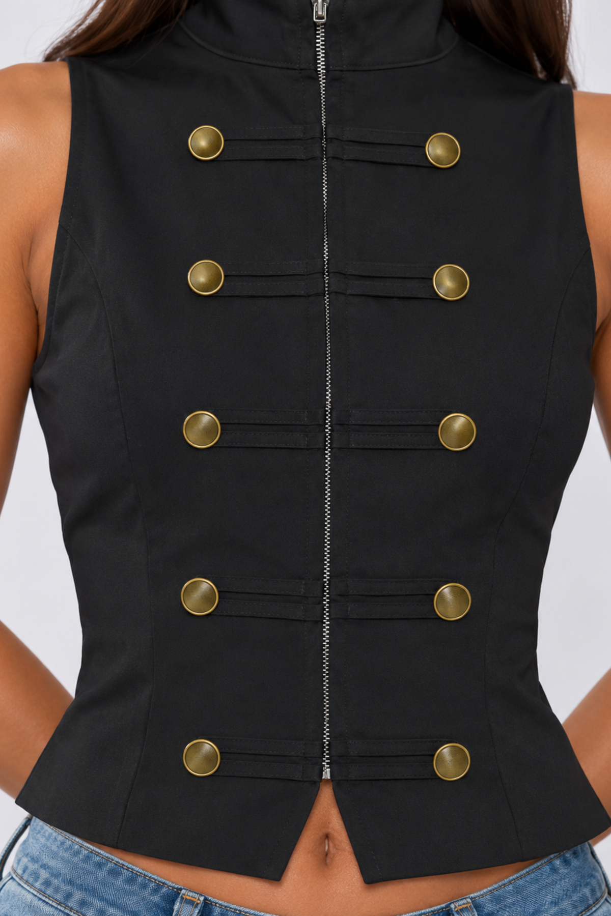 Black Sleeveless Military Button Top