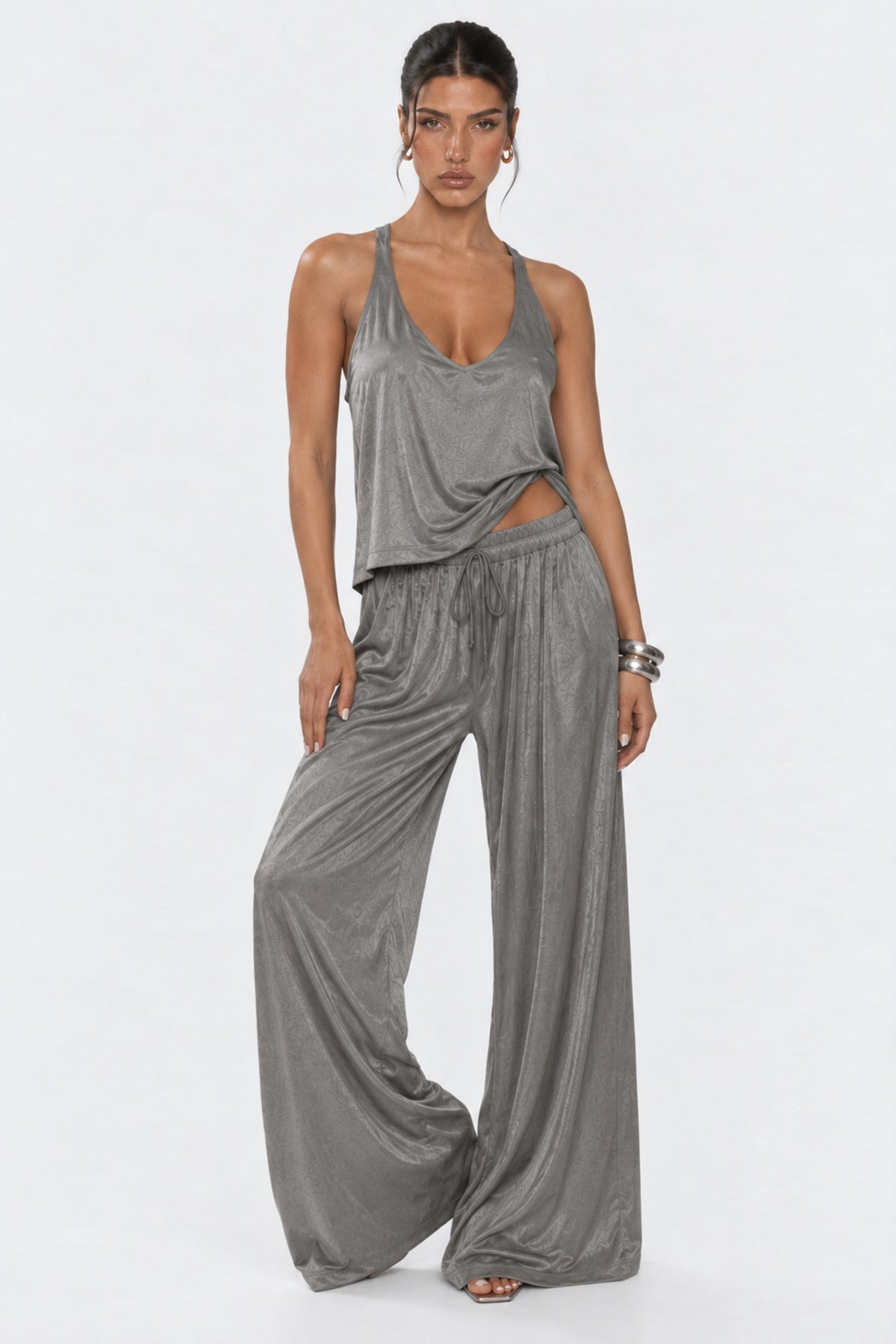 Grey Satin Wide Leg Trousers
