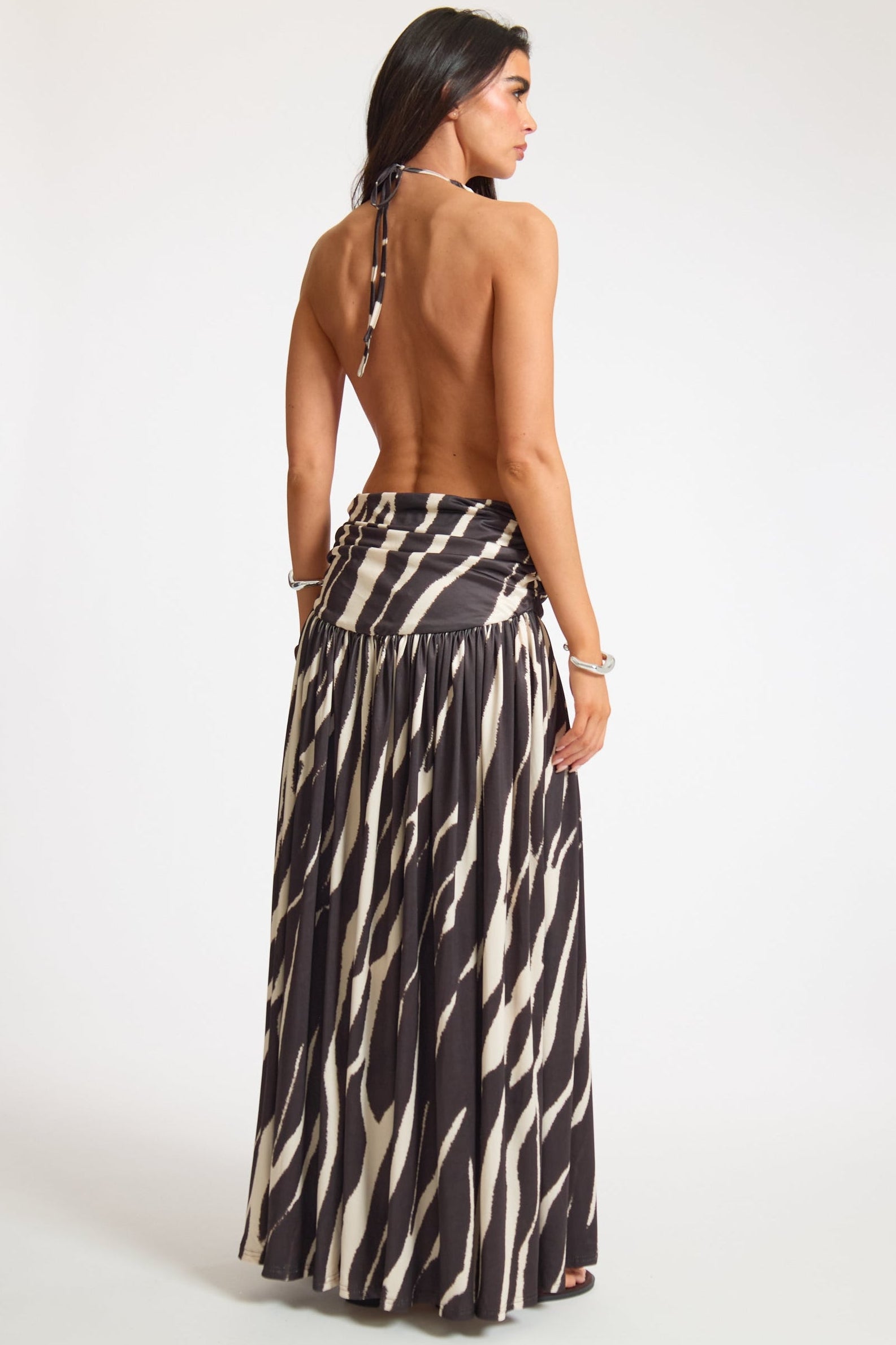 Double Layer Slinky Printed Ruched Backless Maxi Dress