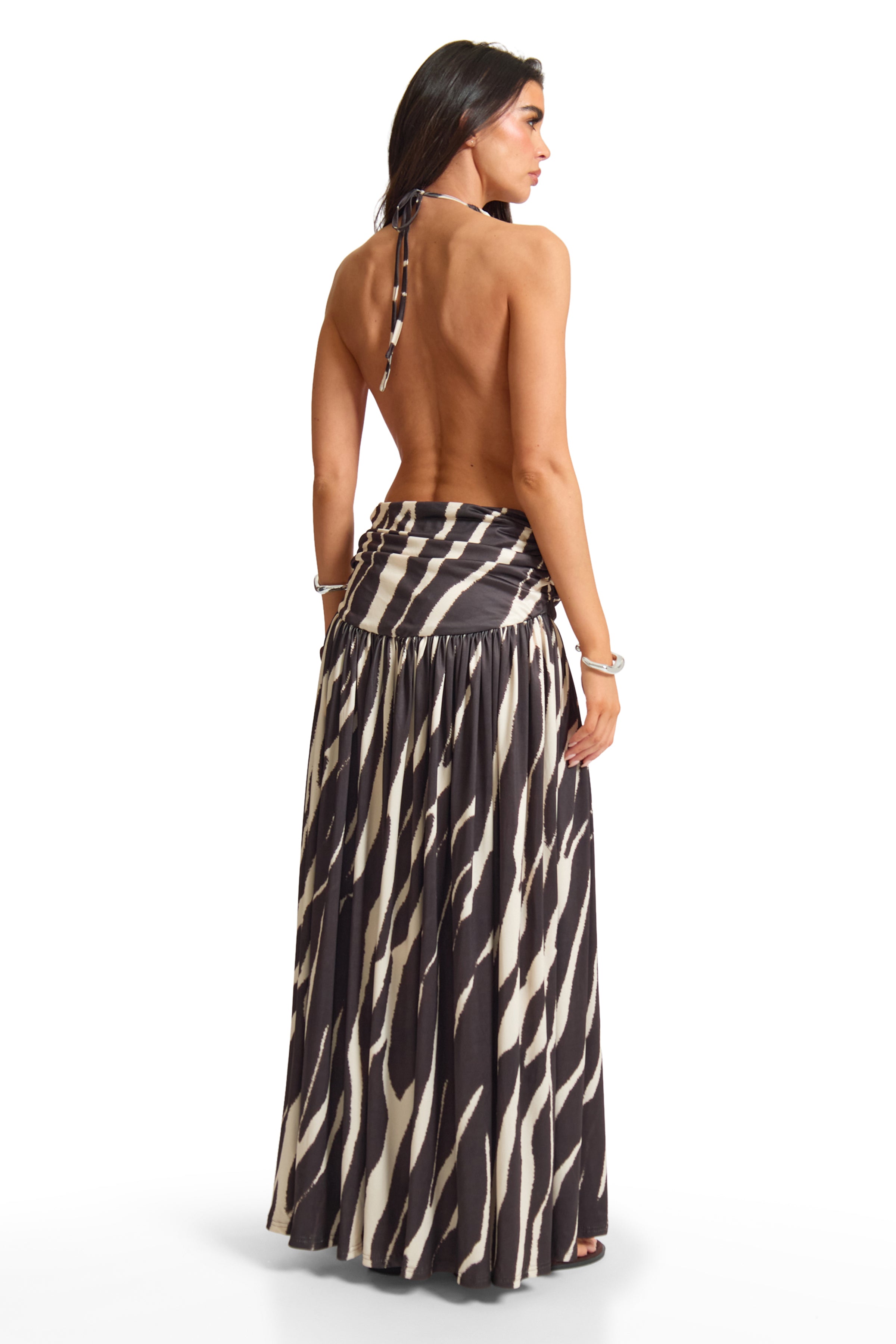 Double Layer Slinky Printed Ruched Backless Maxi Dress
