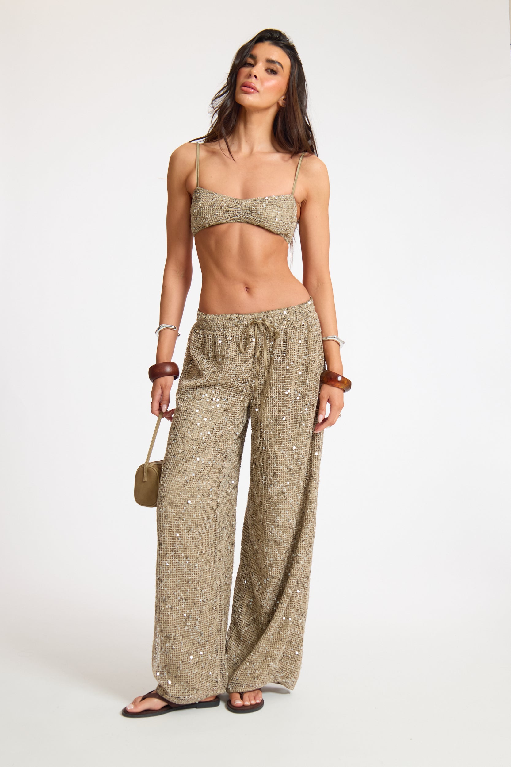 Crochet Sequin Drawstring Wide Leg Trouser