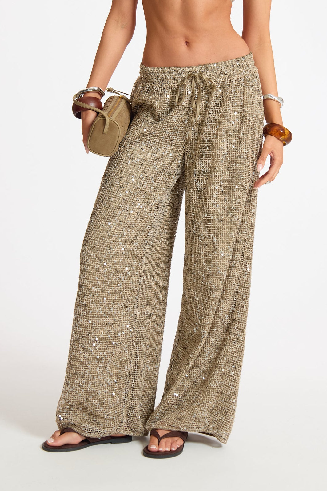 Crochet Sequin Drawstring Wide Leg Trouser