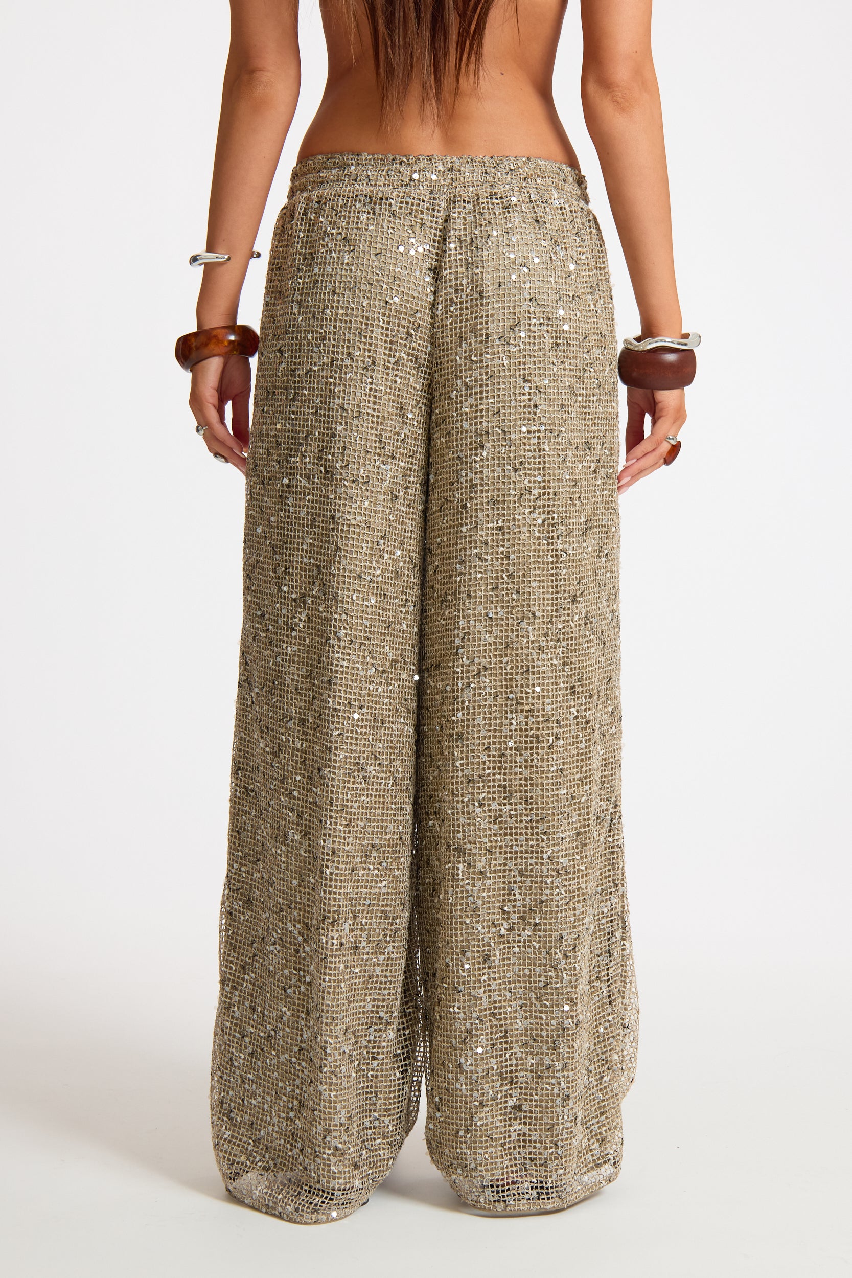 Crochet Sequin Drawstring Wide Leg Trouser