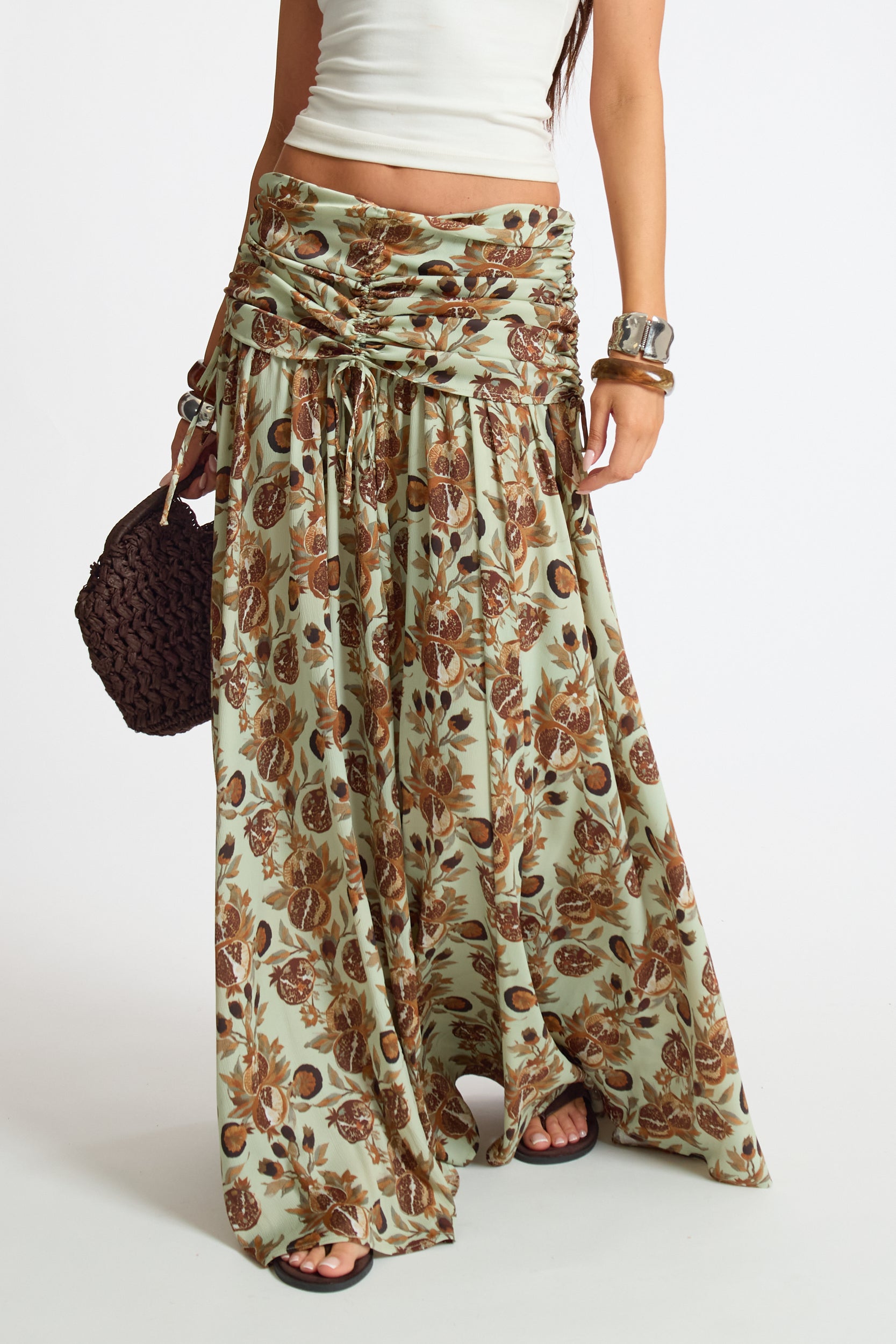 Woven Printed Ruched Fold Over Floaty Maxi Skirt
