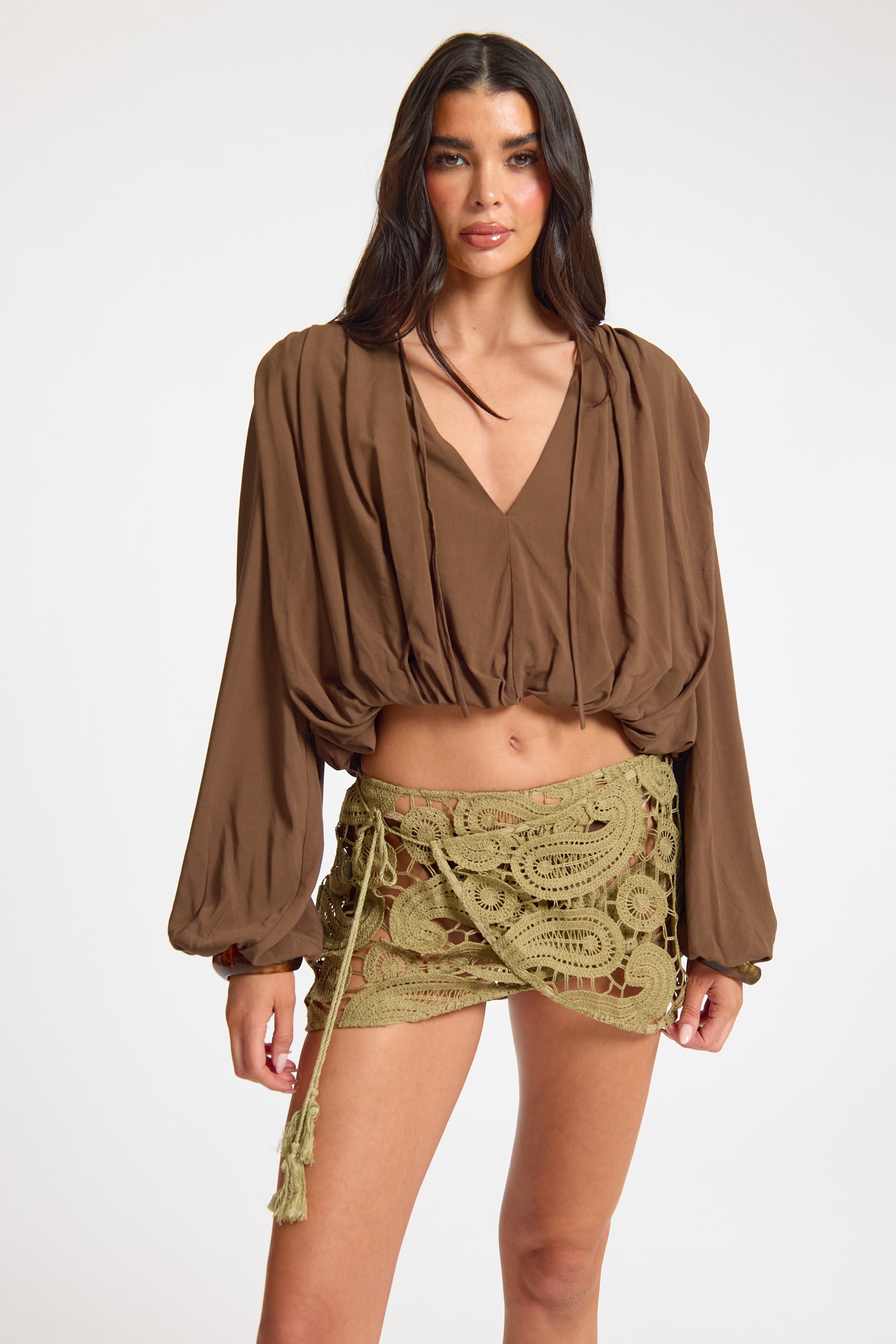 Woven Ruched Plunge Blouse Short Sleeve Shirt