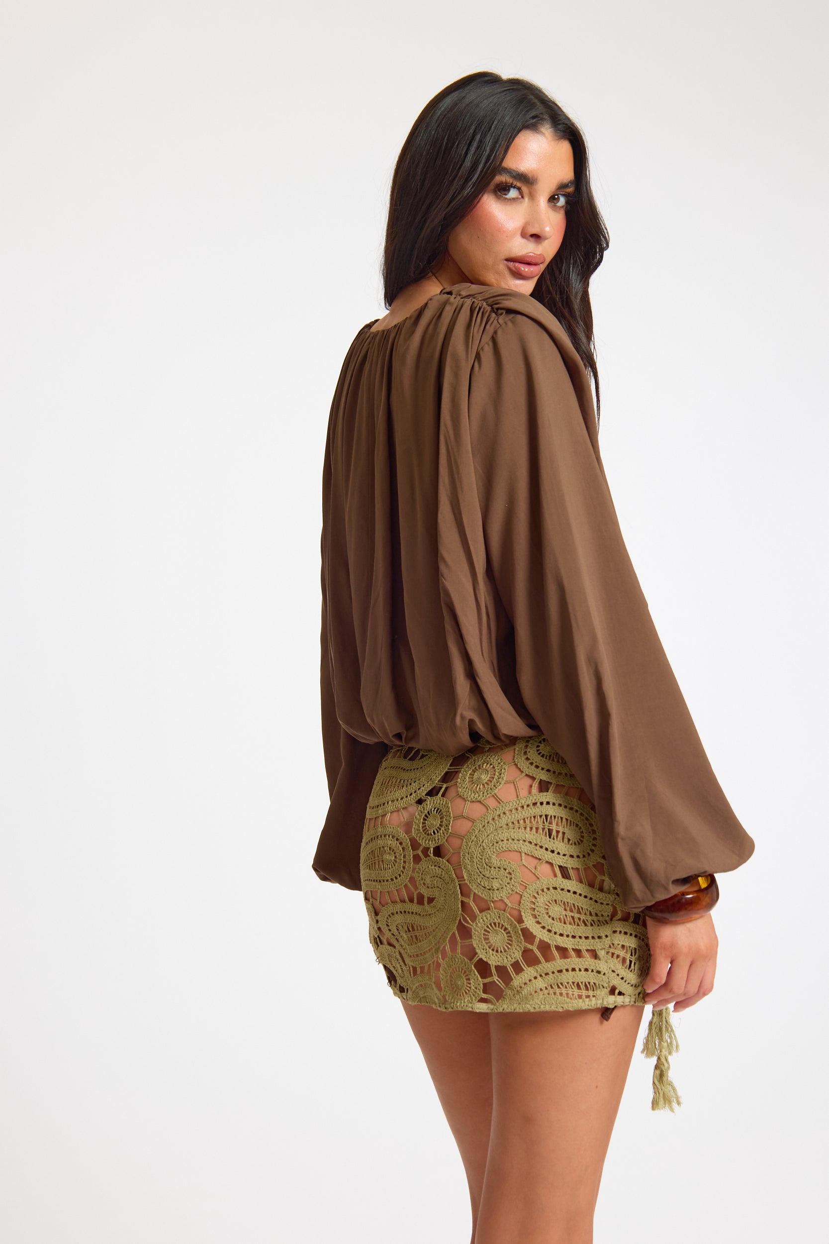 Woven Ruched Plunge Blouse Short Sleeve Shirt