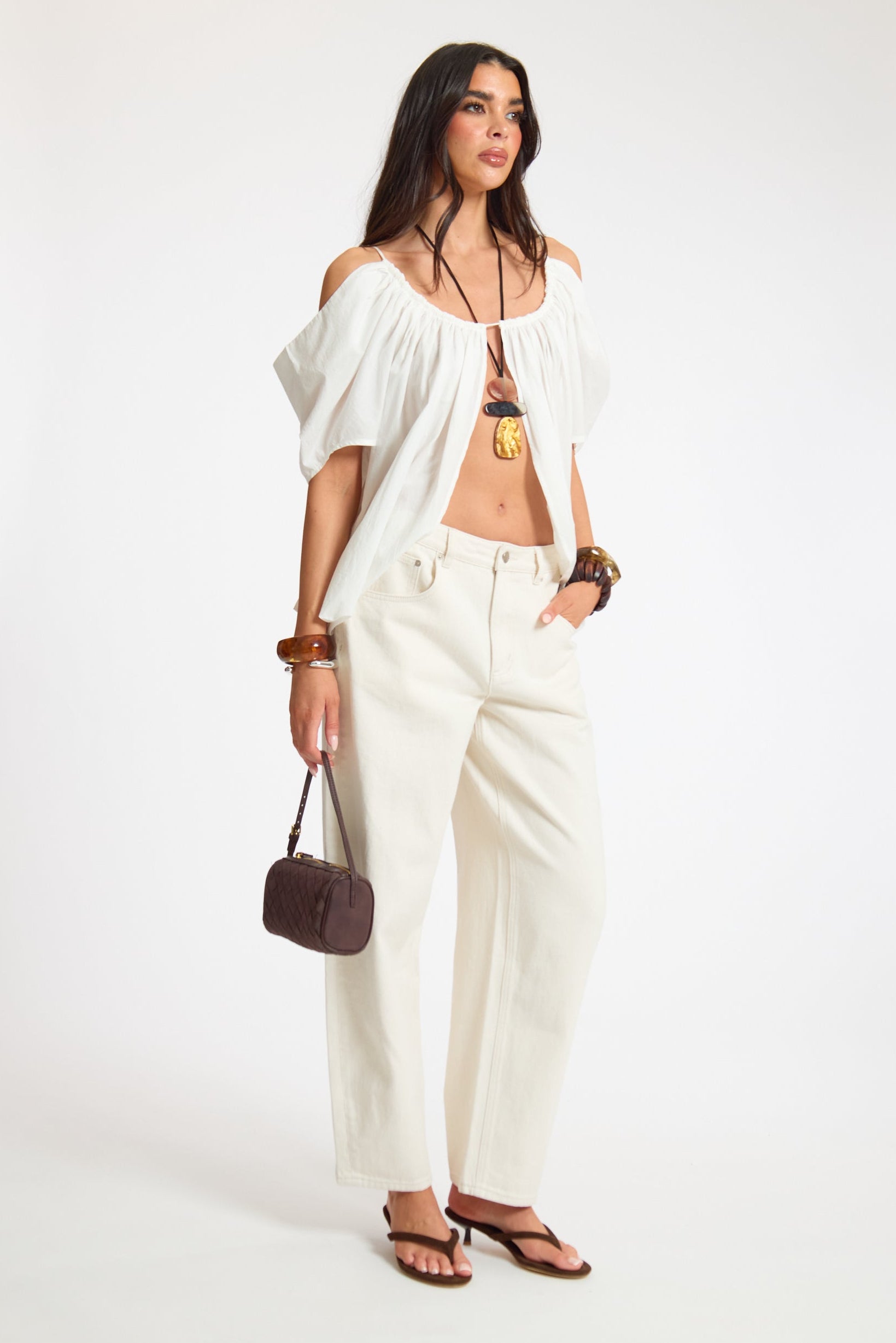 Linen Ruched Off Shoulder Split Front Top