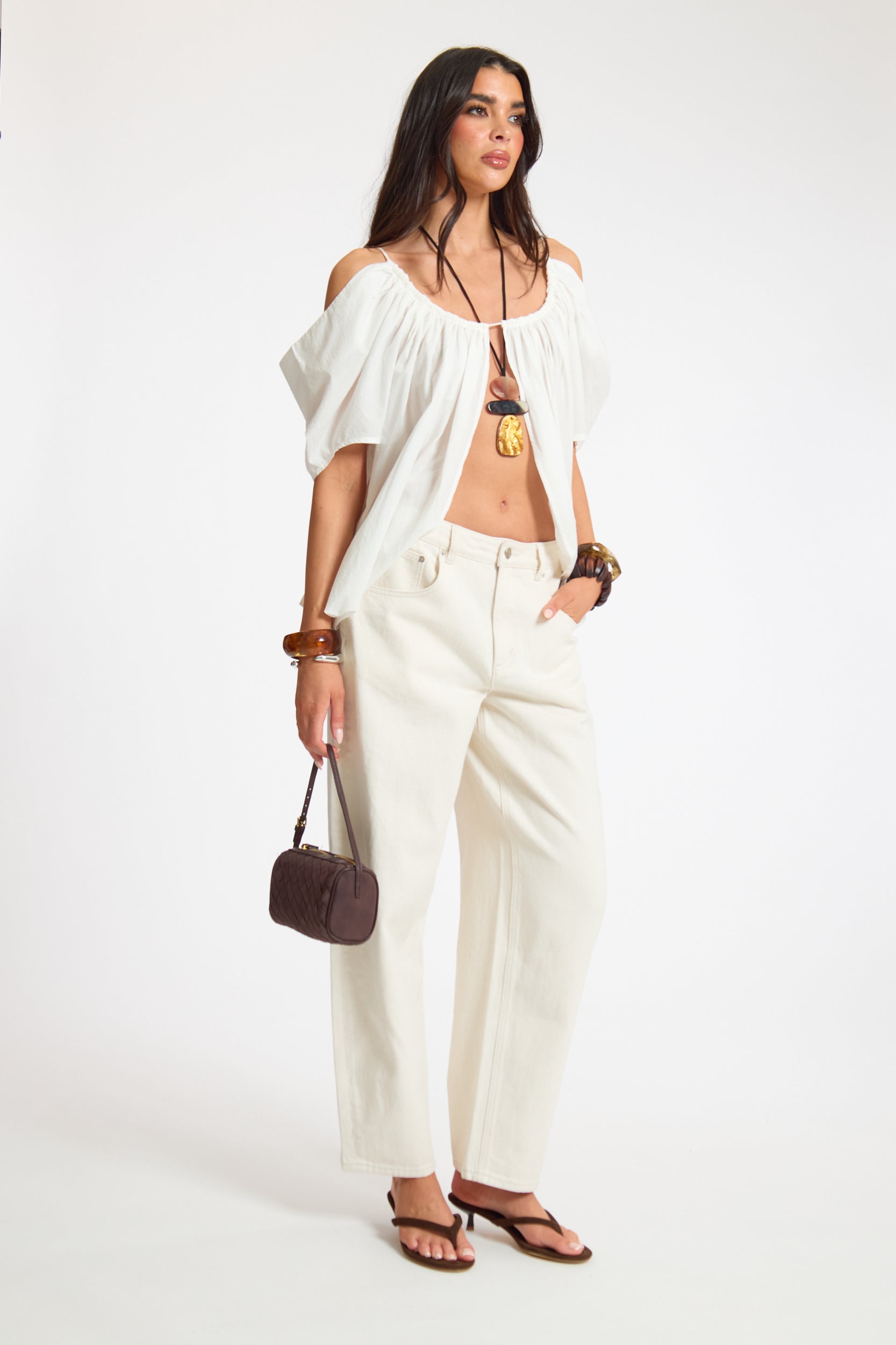 Linen Ruched Off Shoulder Split Front Top