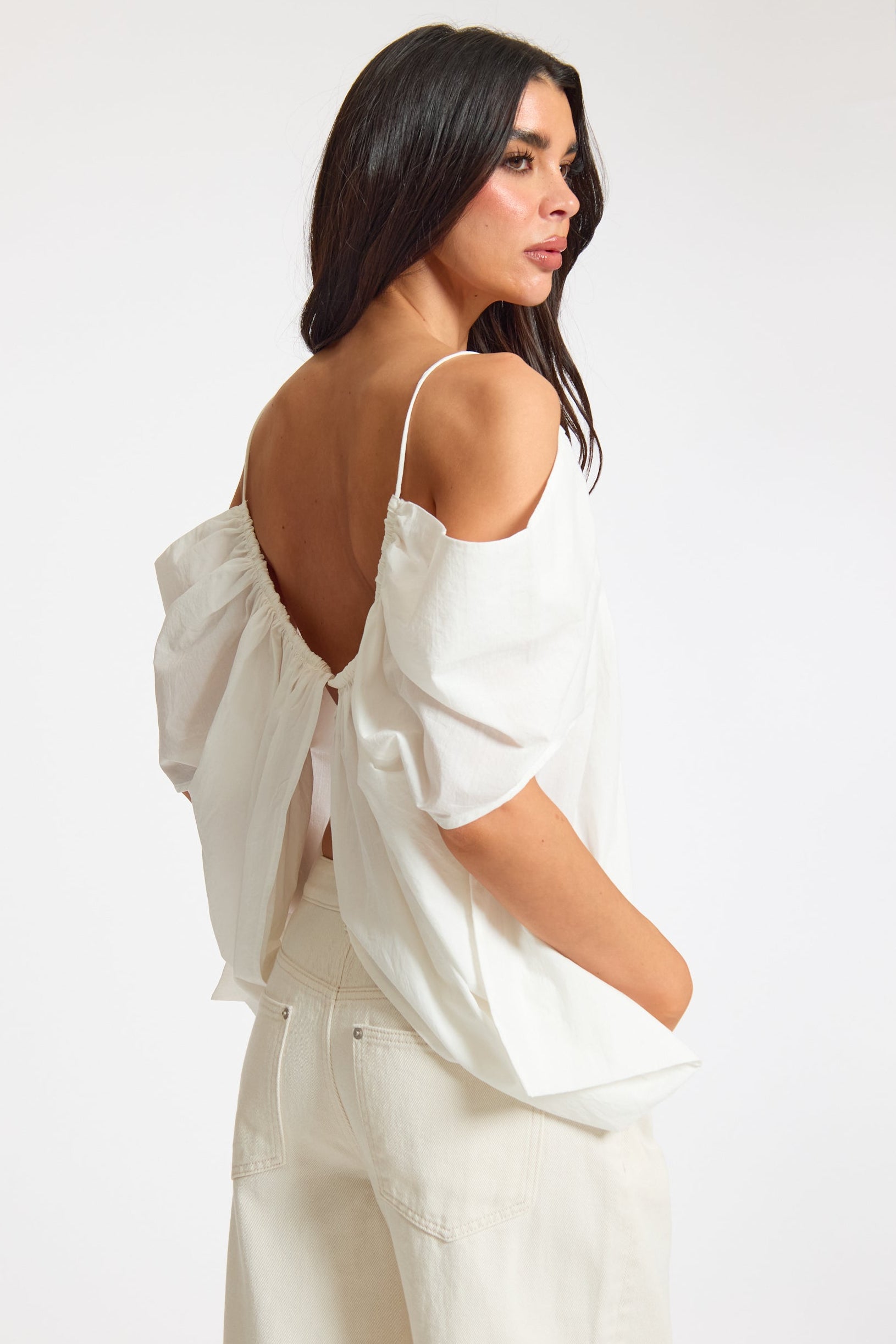 Linen Ruched Off Shoulder Split Front Top