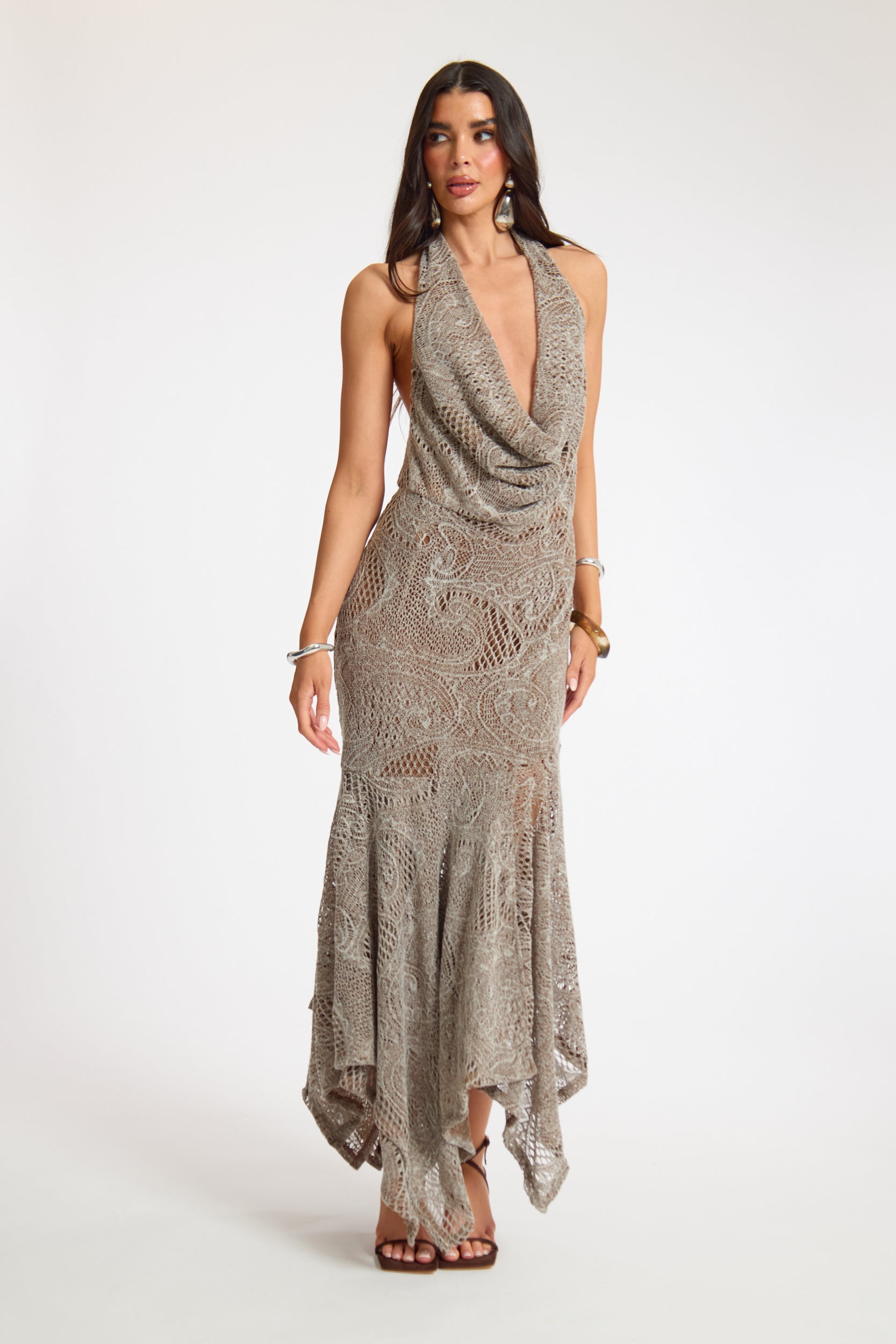 Textured Asymmetrical Cowl Midi Dress