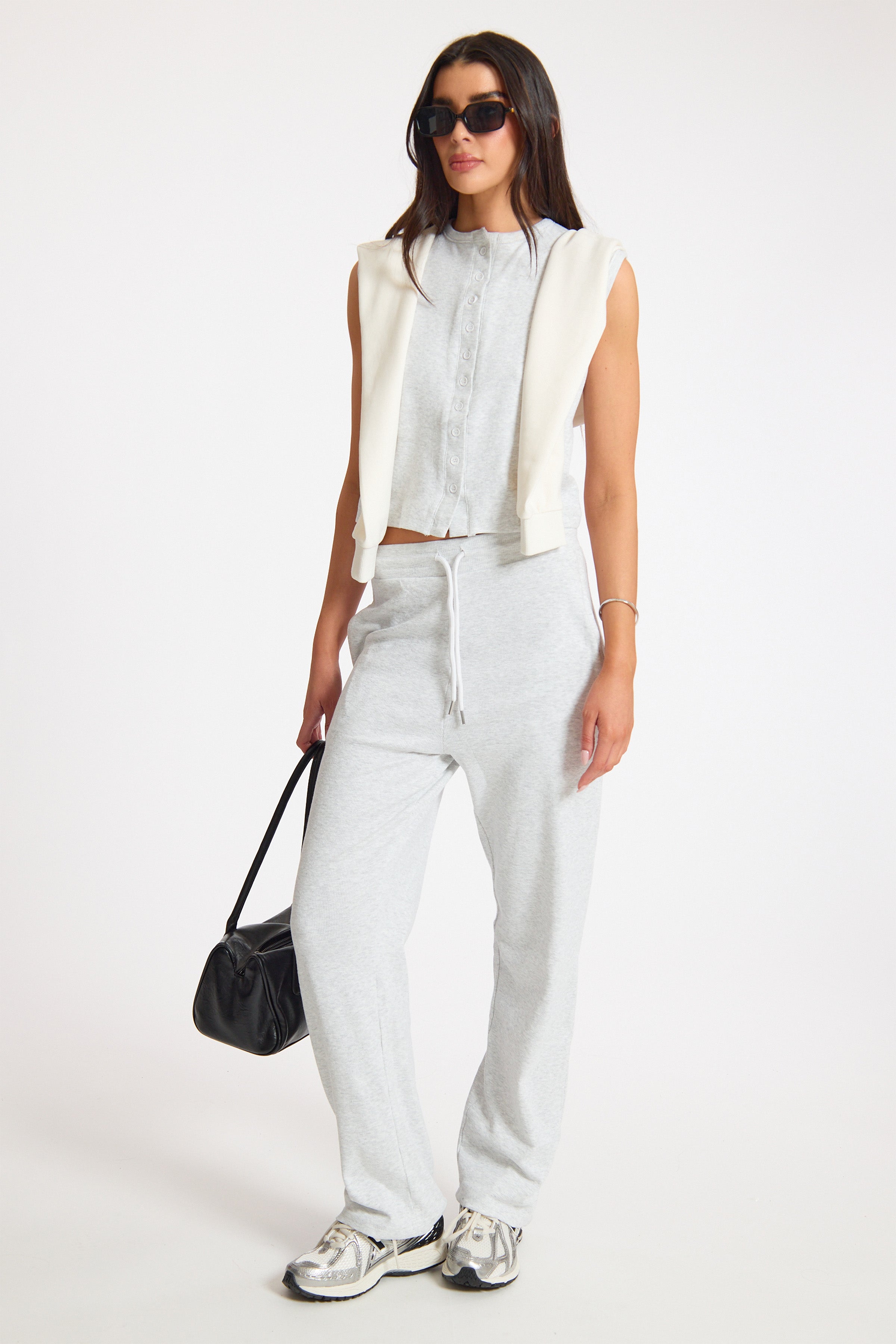 Grey Button Through Sleeveless Ribbed Top