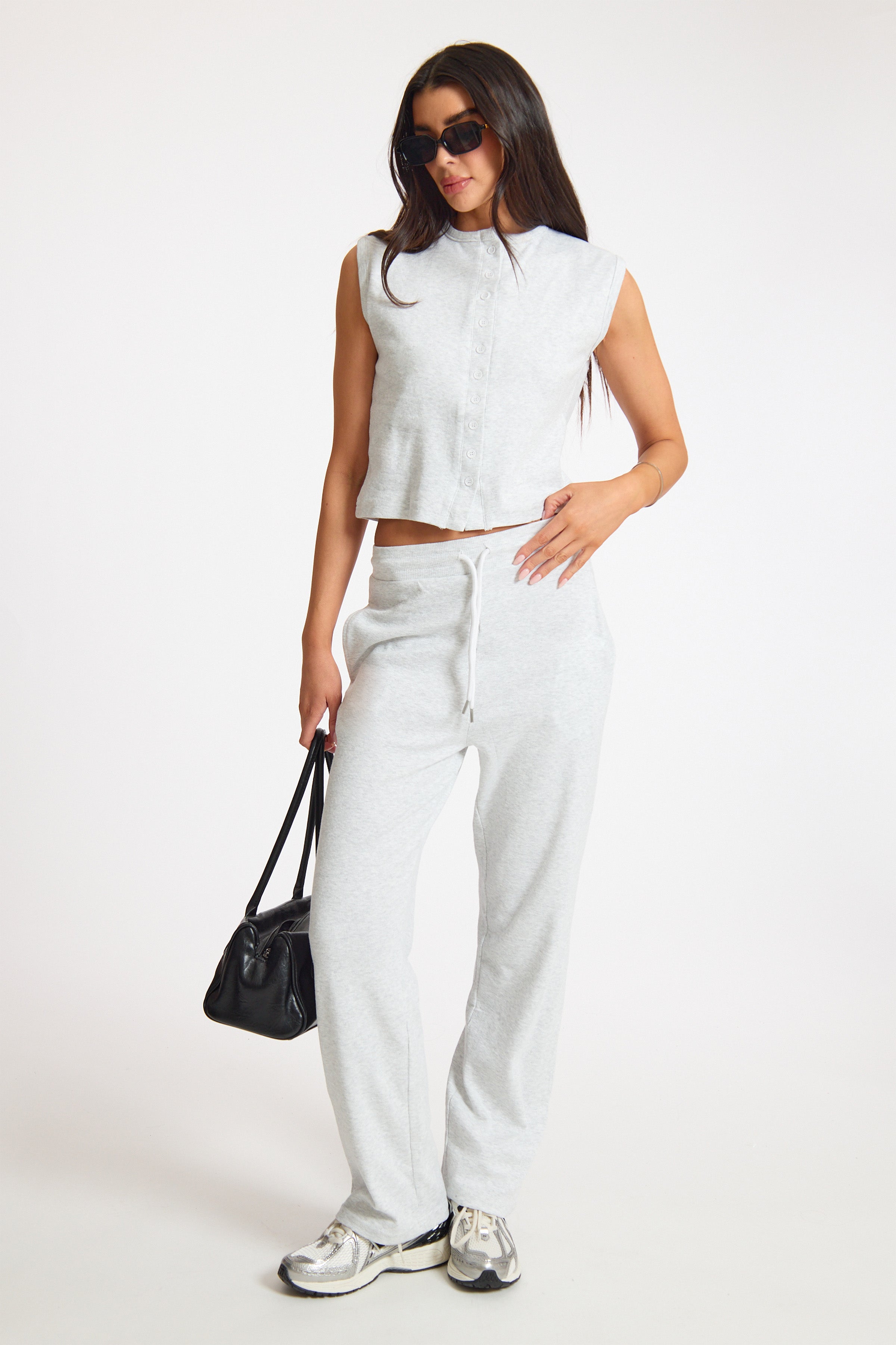 Grey Casual Adjustable Waist Ribbed Pants