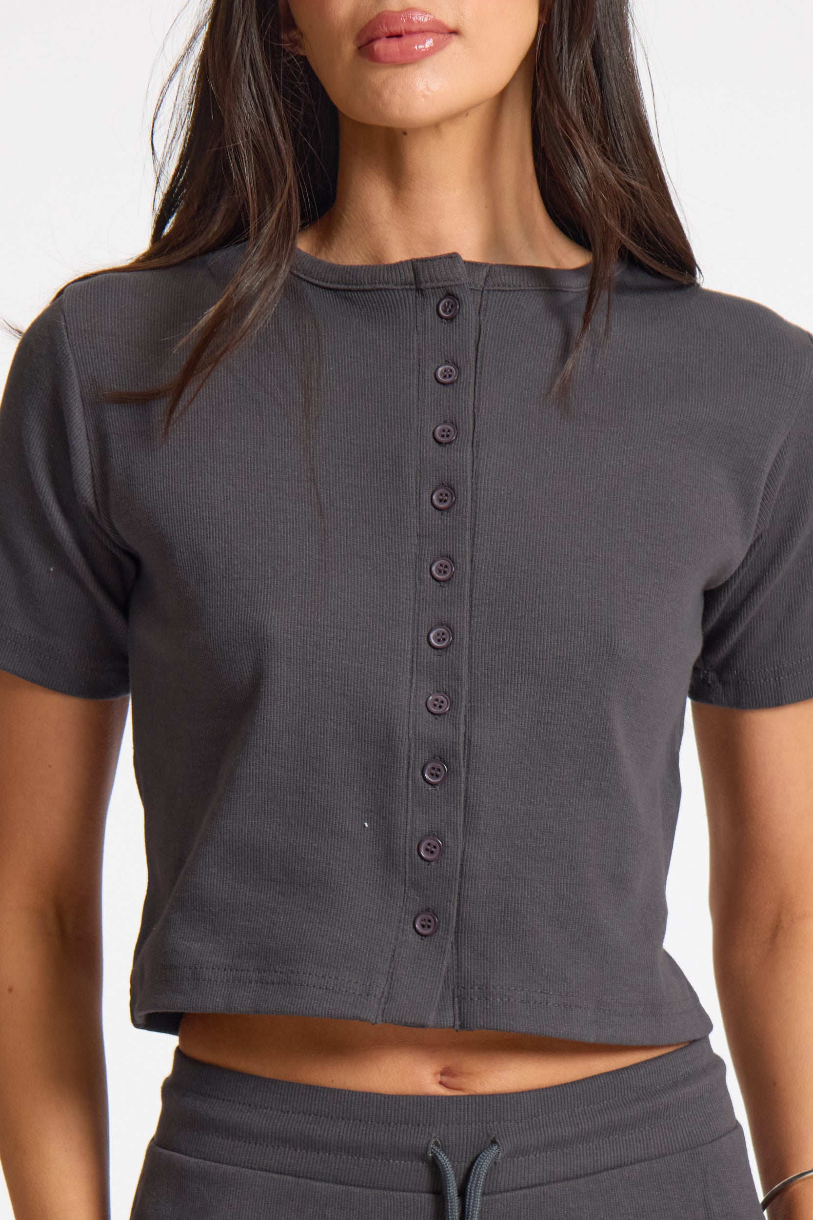 Slate Button Up Ribbed Short Sleeve Top