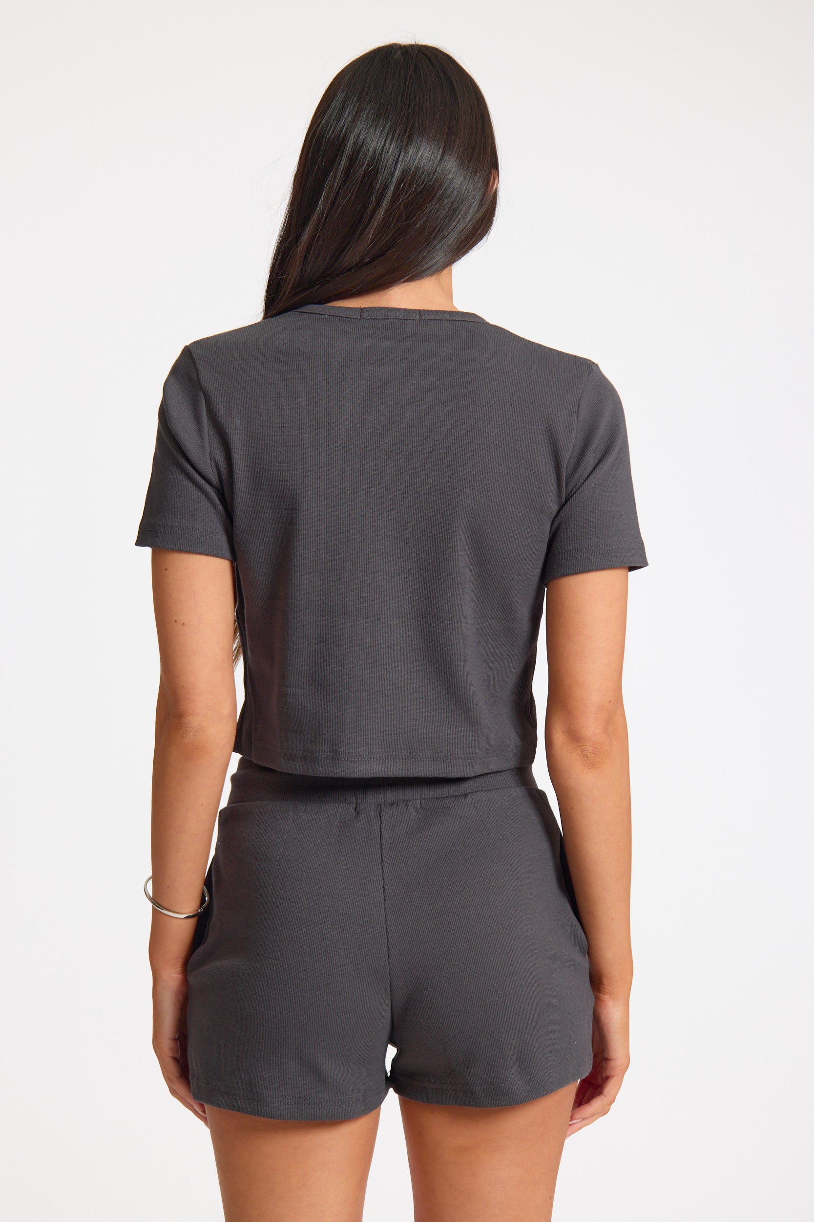 Slate Ribbed Adjustable Waist Casual Shorts